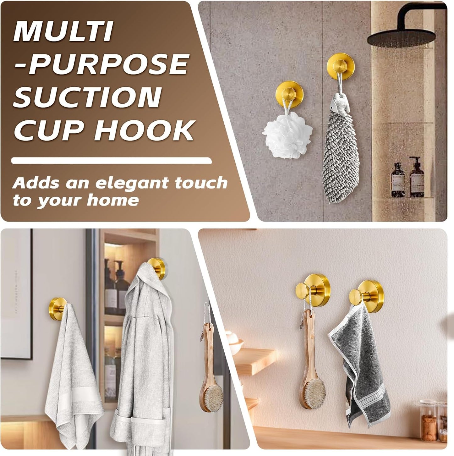 Reusable Heavy Duty Suction Cup Hooks for Kitchen/Bathroom/Shower - Wet-Proof Hooks for Towels, Robes, Loofah&Wreaths/No Drill Mounting on Glass, Tile, Metal (2, Brushed Gold)