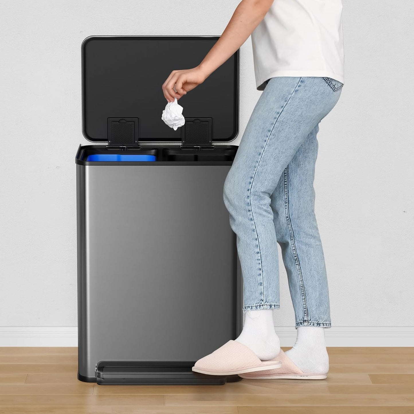 GarveeHome 60L/16 Gal Kitchen Trash Can,2×8 Gal Pedal Trash Bin with Removable Baskets,Stainless Steel Garbage Can for Kitchen Office Restaurant School Hospital