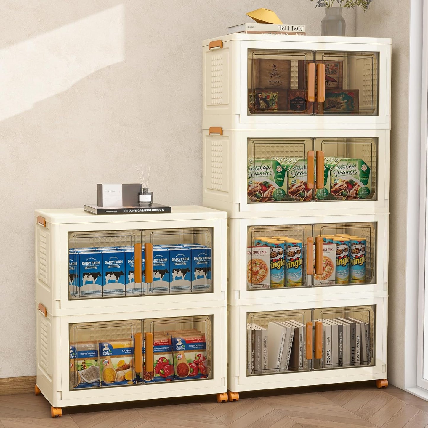 Plastic Stackable Storage Bins with Lids and Wheels, Foldable Closet Organizers and Storage Containers for Bathroom, Collapsible Clear Drawer Storage Cabinet with Doors White 22.4Gal 4Tiers