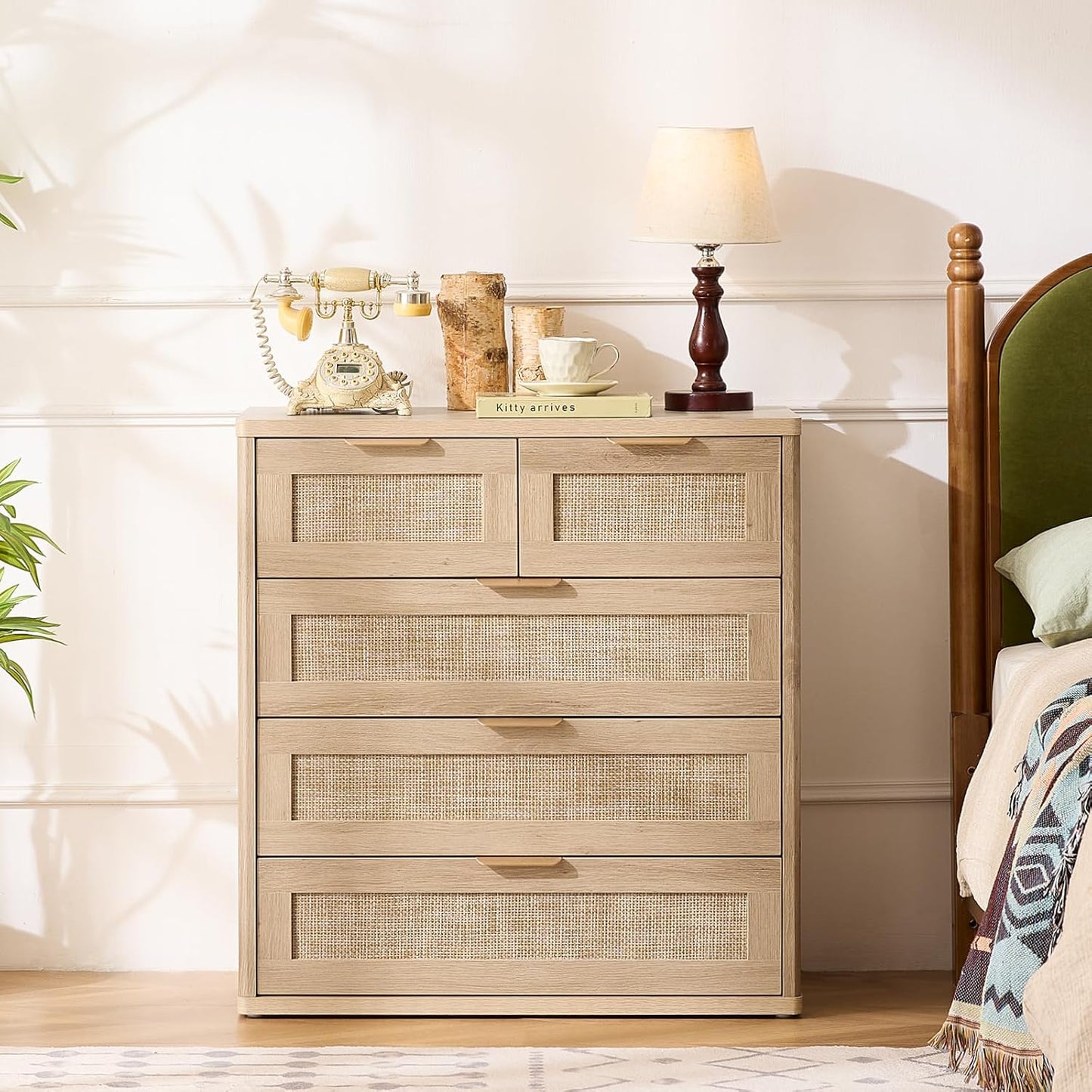 LEYAOYAO Rattan Dresser for Bedroom Set of 2, 33.5" Tall Chest of Drawers, Modern 5 Drawers Boho Dressers with Storage, Light Oak Dresser Wooden Closet Organizer for Living Room, Hallway, Natural Wood