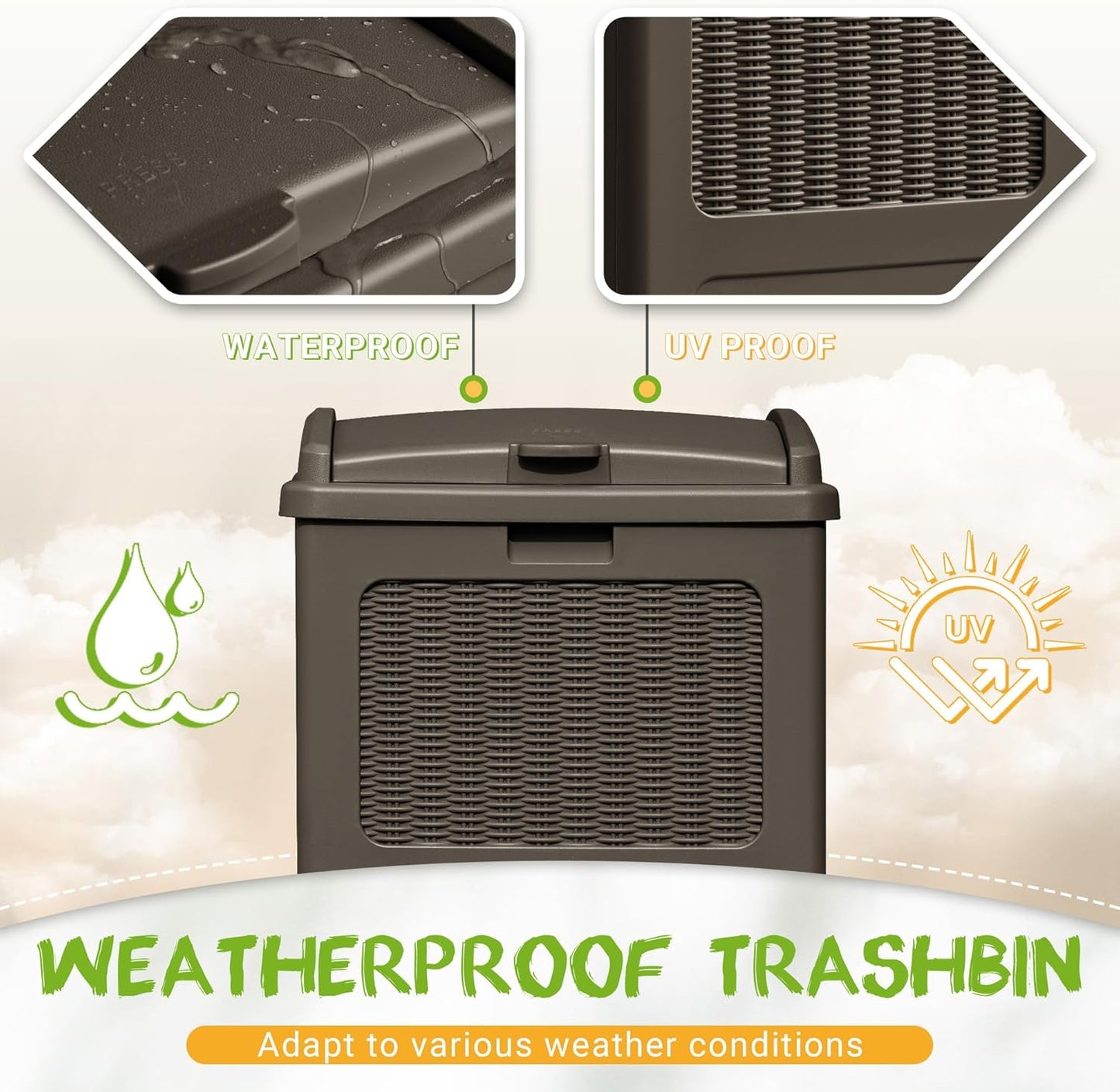 YESHOMY 4 Pack Outdoor Trash Can with Lid, Garbage Bins for Garden, Porch, Home and Kitchen, Brown