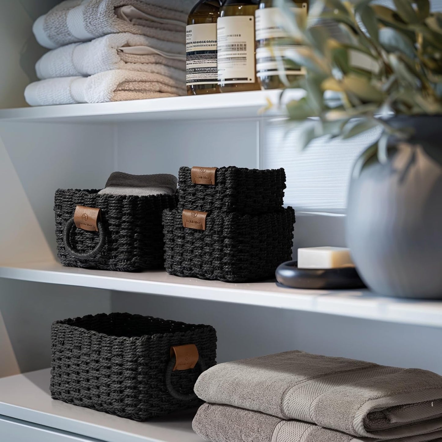 LA JOLIE MUSE Small Wicker Baskets for Organizing, Recycled Paper Rope Storage Basket Container Bins for Shelves Bathroom Cupboards Drawer, Decorative Square Basket Organizer Set of 3, Black