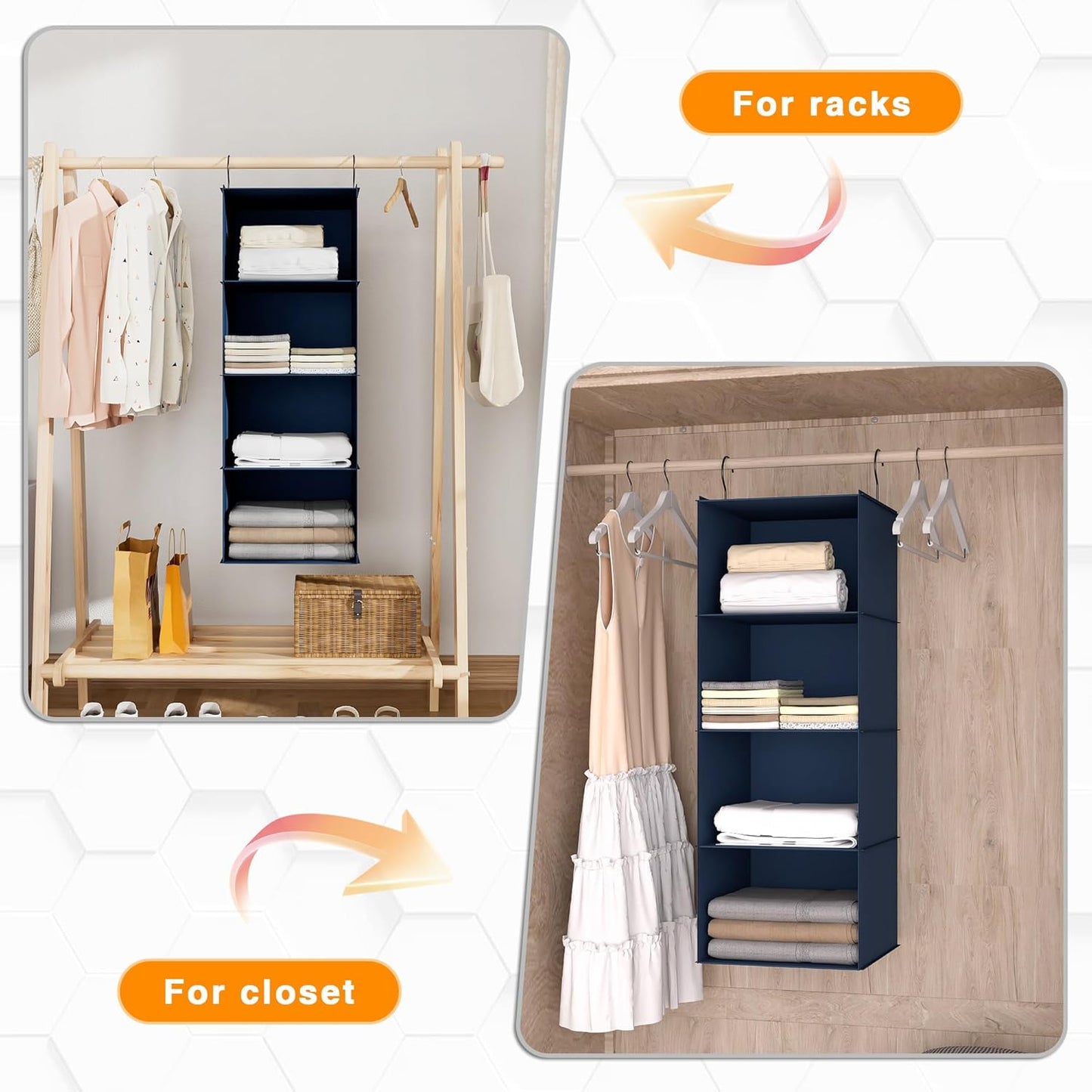 Hanging Closet Organizer - 4-Shelf, Easy Mount Foldable Wardrobe Storage Shelves for Clothes, Handbags, Shoes & Accessories - Washable Oxford Cloth Fabric, Navy Blue