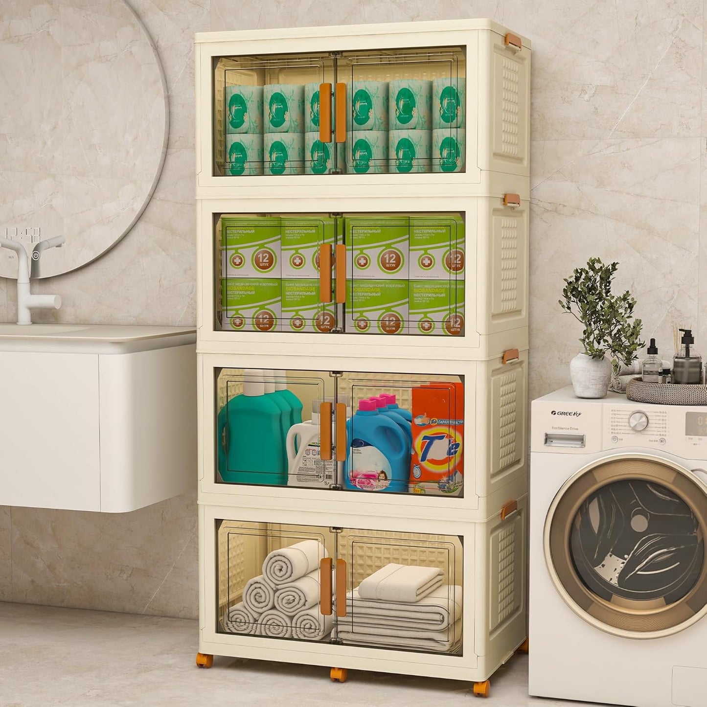 Plastic Stackable Storage Bins with Lids and Wheels, Foldable Closet Organizers and Storage Containers for Bathroom, Collapsible Clear Drawer Storage Cabinet with Doors White 38Gal 4Tiers