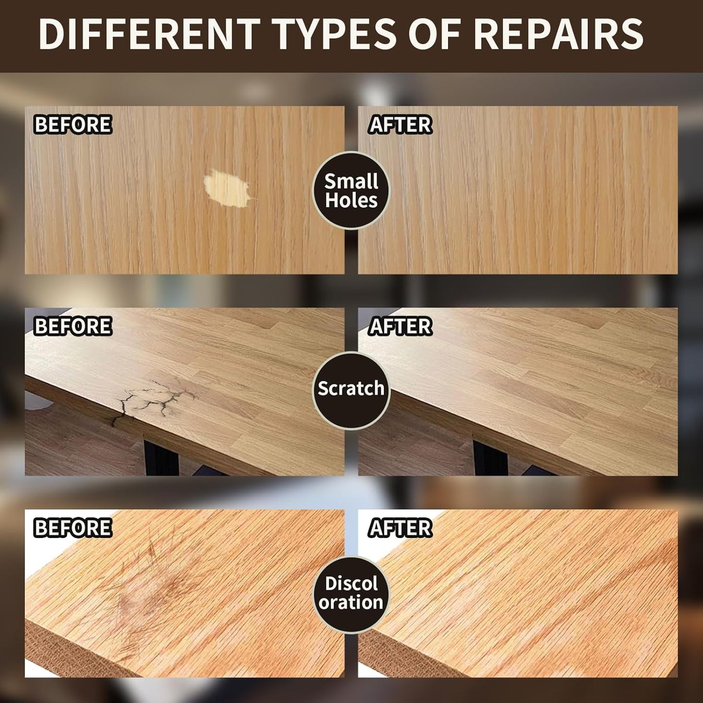 Wood Repair Kit, 13Pcs Wood Filler Repair kit, Wood Scratch Repair for Wooden Furniture, Floor, Table, Door, Cabinet Discoloration, Wood Touch Up Fillers, Wood Stain Paint, Oak