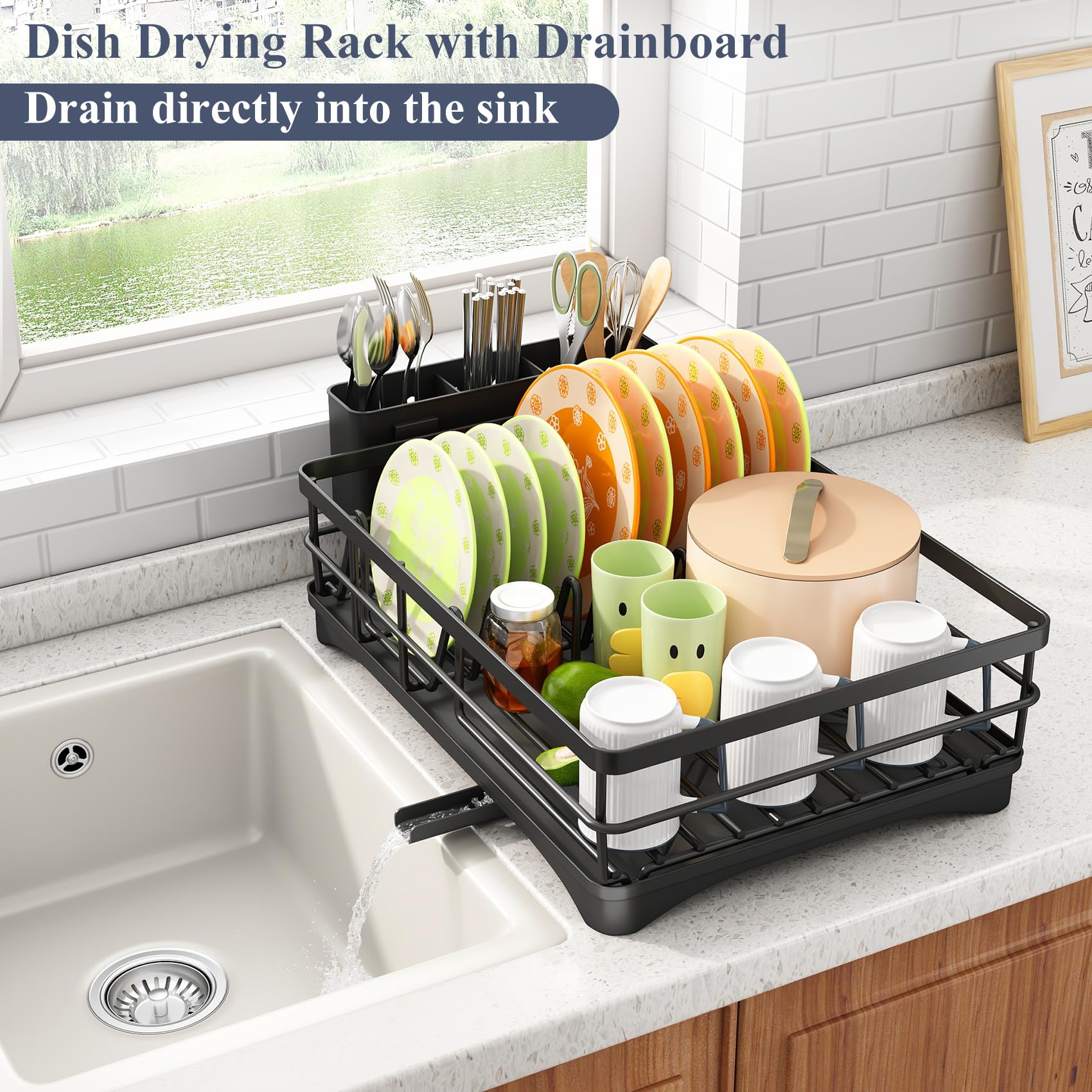 SAYZH Dish Drying Rack for Kitchen Counter with Utensil Holder, Black
