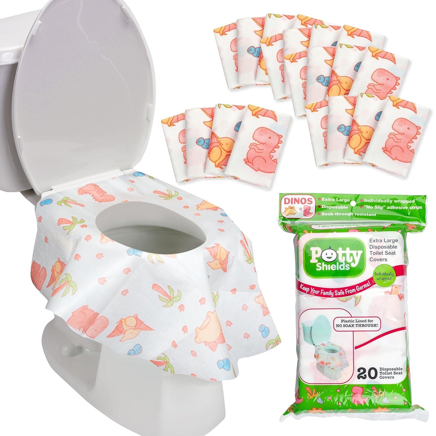 Toilet Seat Covers Disposable (20 pk, Dinosaurs) - XL Waterproof Toilet Cover for Toddlers, Kids & Adults - Portable & Individually Wrapped for Travel, Potty Training, Public Restrooms