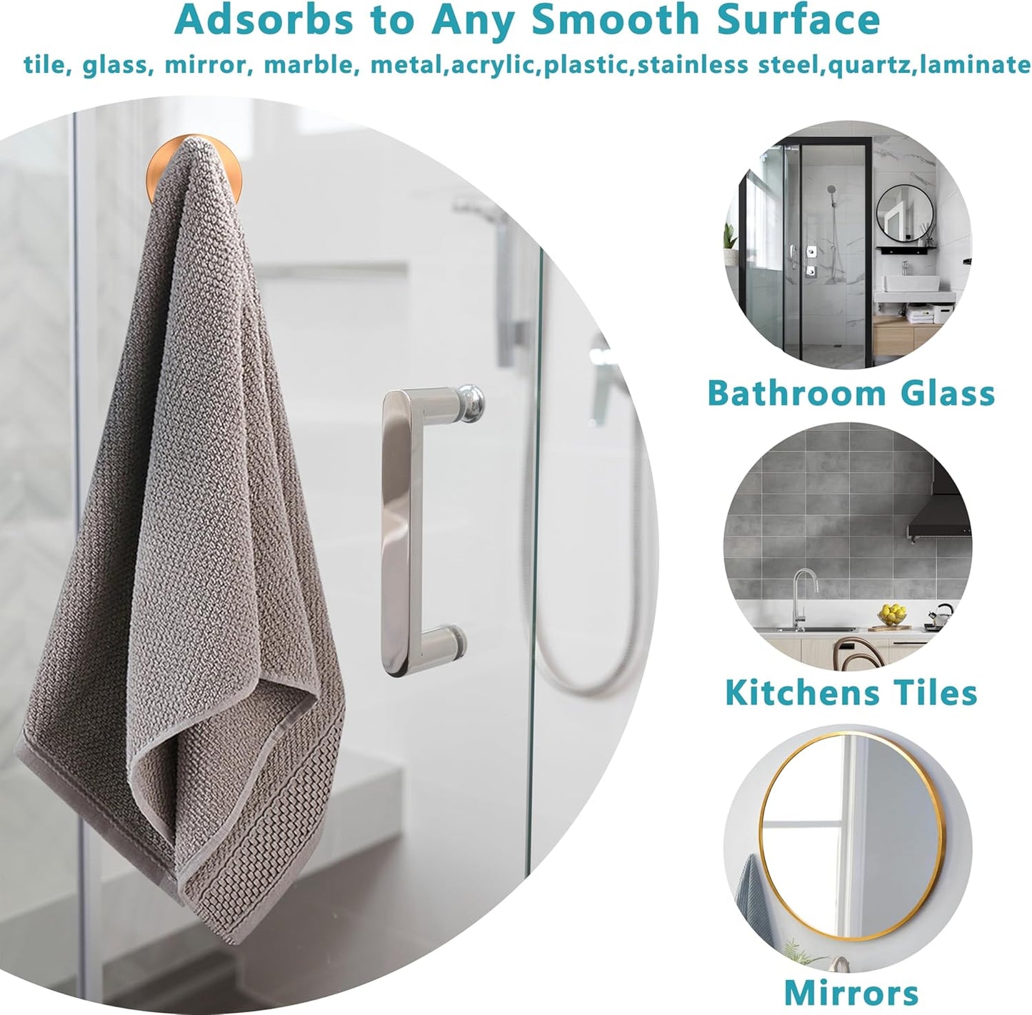 Suction Cup Hooks for Shower,Wreath Hanger for Front Door,Removable No Drill Towel Loofah Hooks,Upgraded 15 lbs Strong Suction for Bathroom,Wall,Glass,Stainless Waterproof-Rose Gold 4 Pcs