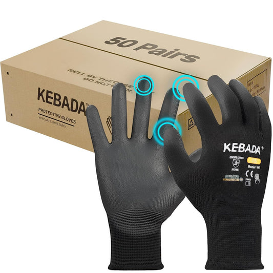 Kebada W1 Safety Work Gloves, PU Coated Touch Screen Work Gloves with Grip, Bulk Pack Working Gloves for Warehouse, Construction, Gardening and Mechanic Use, Black, 50 Pairs, Medium