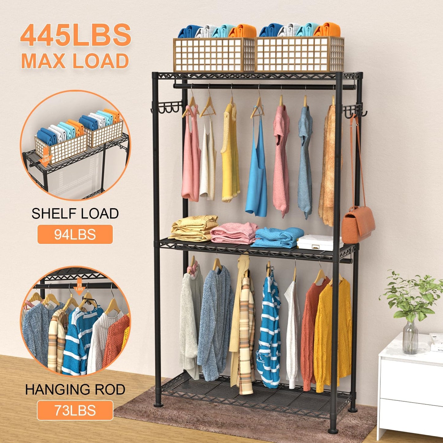 Clothes Rack, Clothing Racks for Hanging Clothes, 3 Tiers Adjustable Garment Rack with Wheels | Double Rods | Side Hooks | Heavy Duty | Load 445lbs | 15.7" D x 35.43" W x 78.34" H | Black