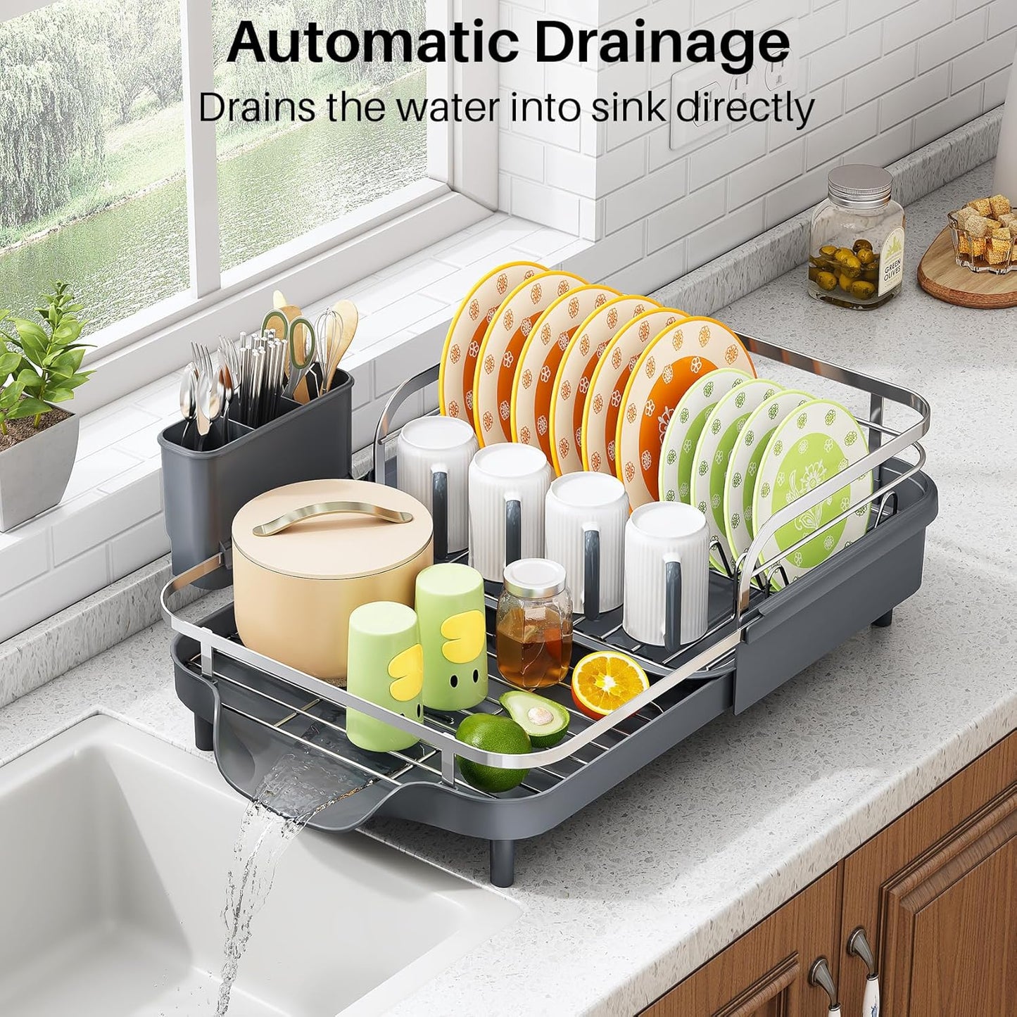 SAYZH Dish Drying Rack - Expandable Dish Rack for Kitchen Counter, Rust-Resistant Dish Drainer with Utensil Holder and Raised Guardrail, Kitchen Organizer for Cup and Bottle (Grey)