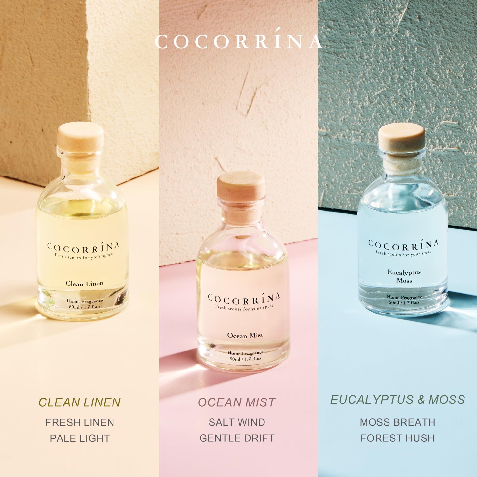 COCORRÍNA Eucalyptus Reed Diffuser Set of 3 - Eucalyptus & Moss, Clean Linen, Ocean Mist Scents
