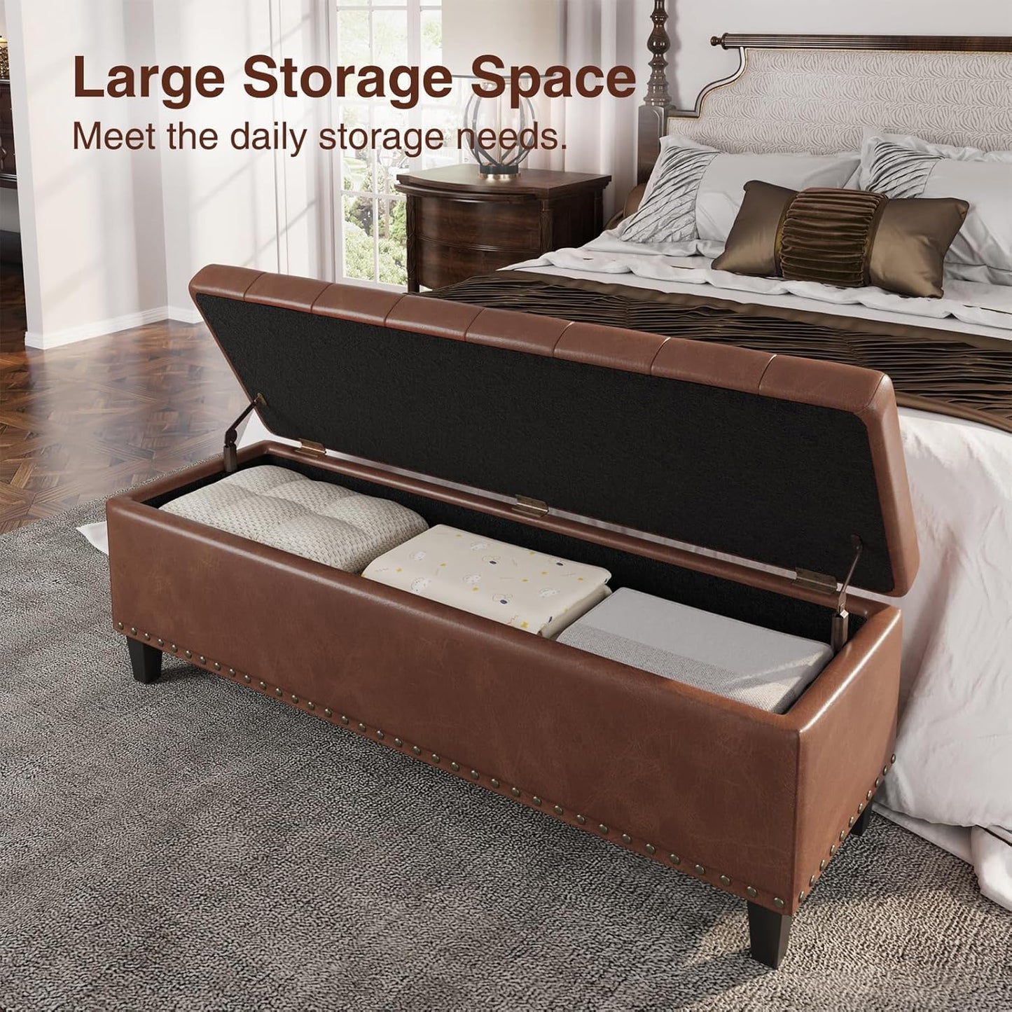 Storage Ottoman Bench, 51-Inch Large Storage Bench for Bedroom End of Bed, 30 Gallons Faux Leather Bench for Bedroom, Living Room, Entryway, Hallway, Brown