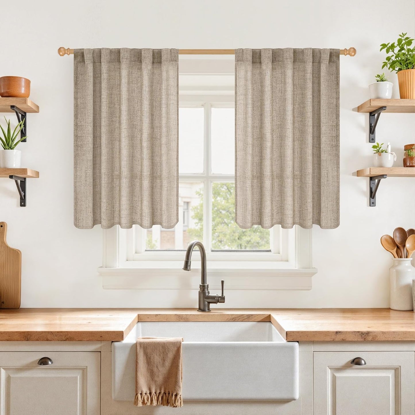 YoungsTex 36 Inch Length Linen Semi Sheer Curtains for Kitchen Cafe Window, Short Light Filtering Drapes with Rod Pocket Back Tab Burlap Textured for Bathroom, Dark Oatmeal, 2 Panels, 42 X 36 Inch