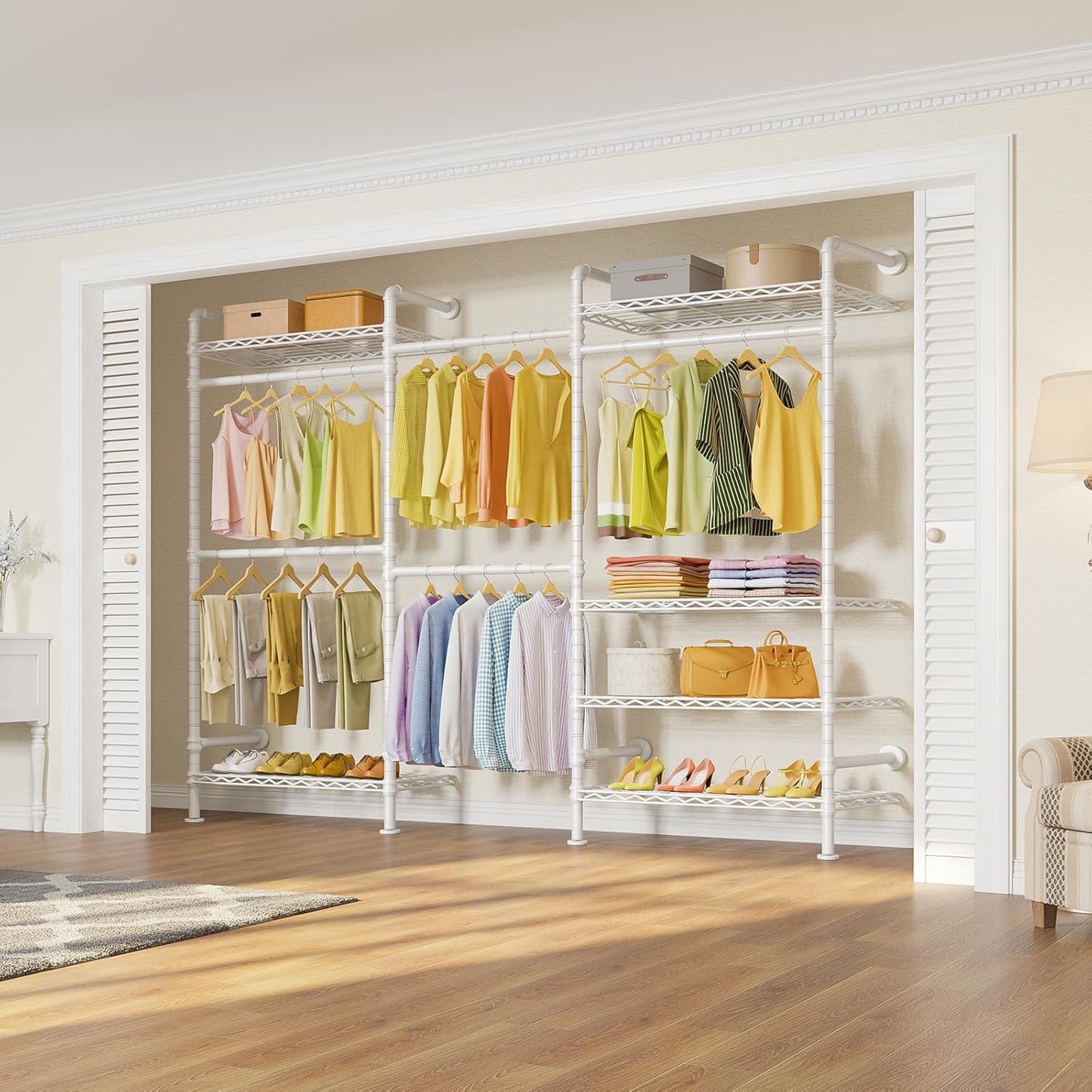 Timate F3 Garment Rack Heavy Duty Clothes Rack for Hanging Clothes, Expandable Industrial Pipe Wall Mounted Clothing Rack, Adjustable Storage Closet Wardrobe Closet Kit Walk in Closet Systems, White