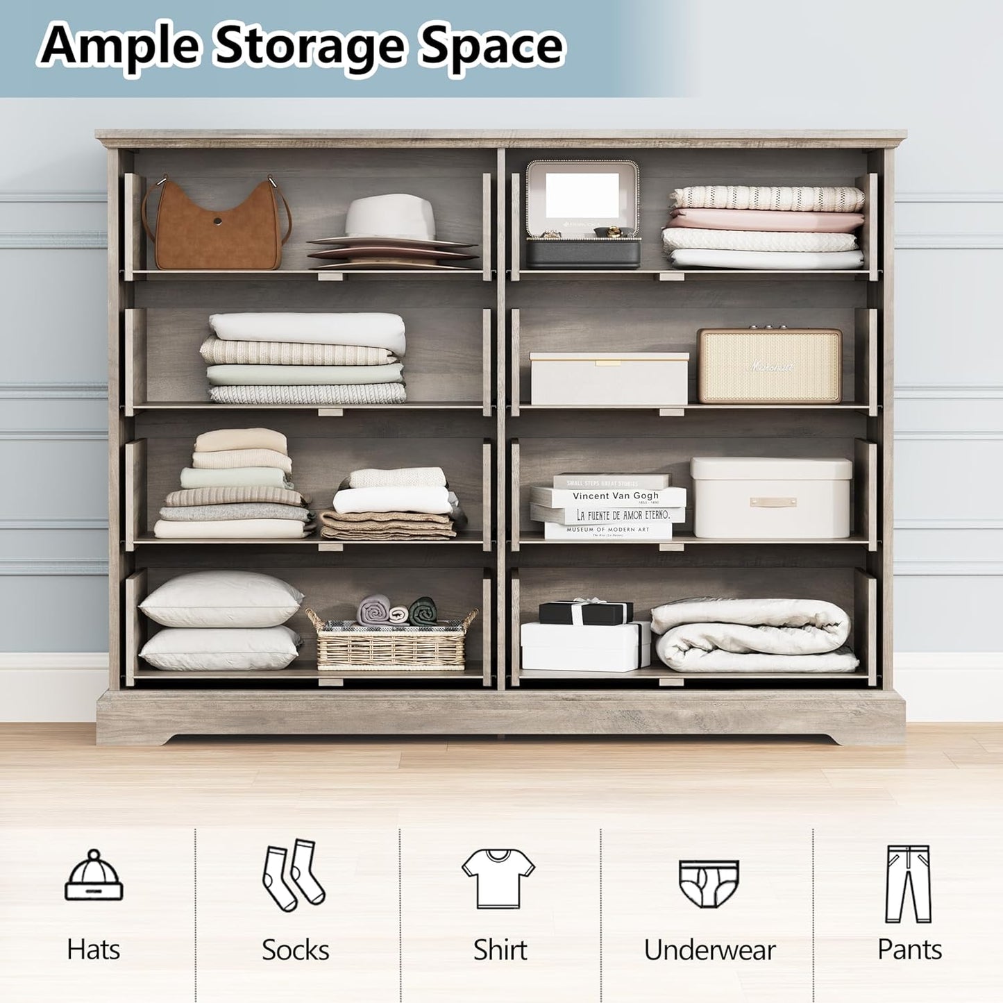 8 Drawer Dresser for Bedroom, 47" Wide Wooden Chest of Drawers, Rustic Farmhouse Dresser with Large Drawers & Metal Handles, Modern Storage Organizer for Closet, Living Room, Hallway, Grey