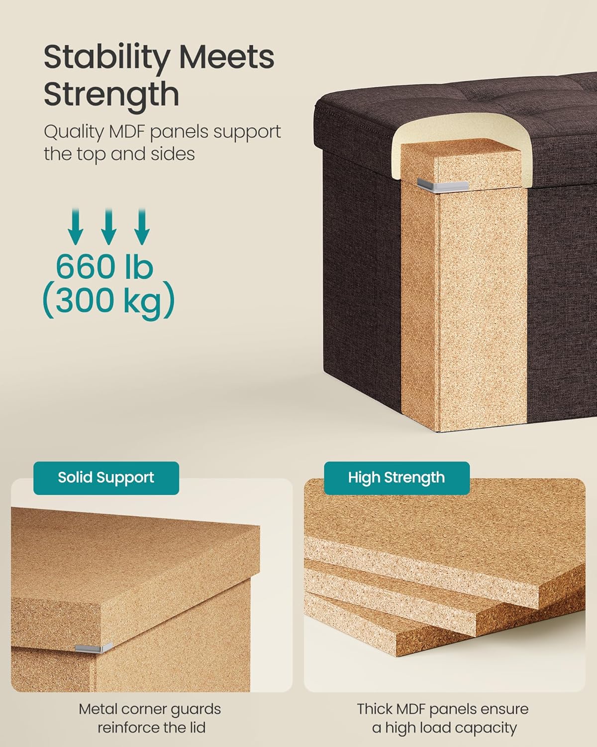SONGMICS MAZIE Collection - 43 Inches Folding Storage Ottoman Bench, Ottoman Foot Rest, End of Bed Bench, Storage Chest, Load 660 lb, for Living Room, Bedroom, Entryway, Brown ULSF77BR