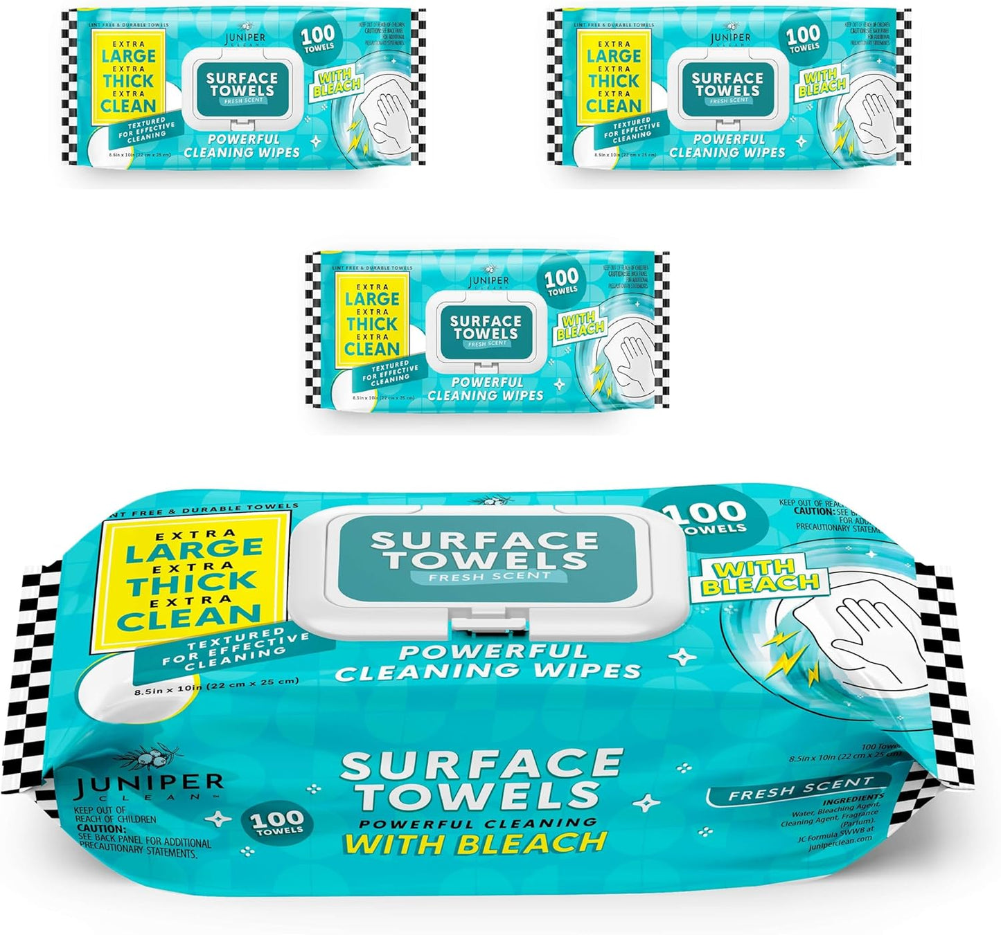 3 Packs Surface Wipes with Bleach, Thick & Large Dispose, All-Purpose Cleaner for Bathroom, Kitchen, Office, 300 Count Soft Flow, Biodegradable, Fresh Scent