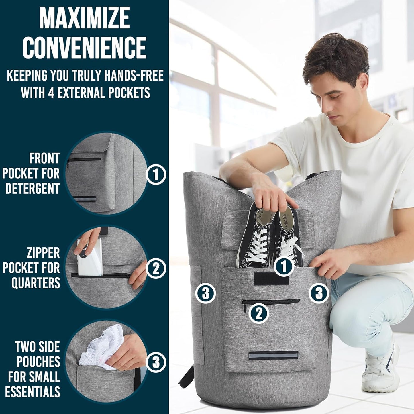 Laundry Bag Extra Large 115L，Laundry Backpack with Shoulder Straps，Sturdy Travel Laundry Bags with 4 Pockets，Laundry Backpack Heavy Duty，Clothes Hamper Bag XXL，College Dorm Essentials