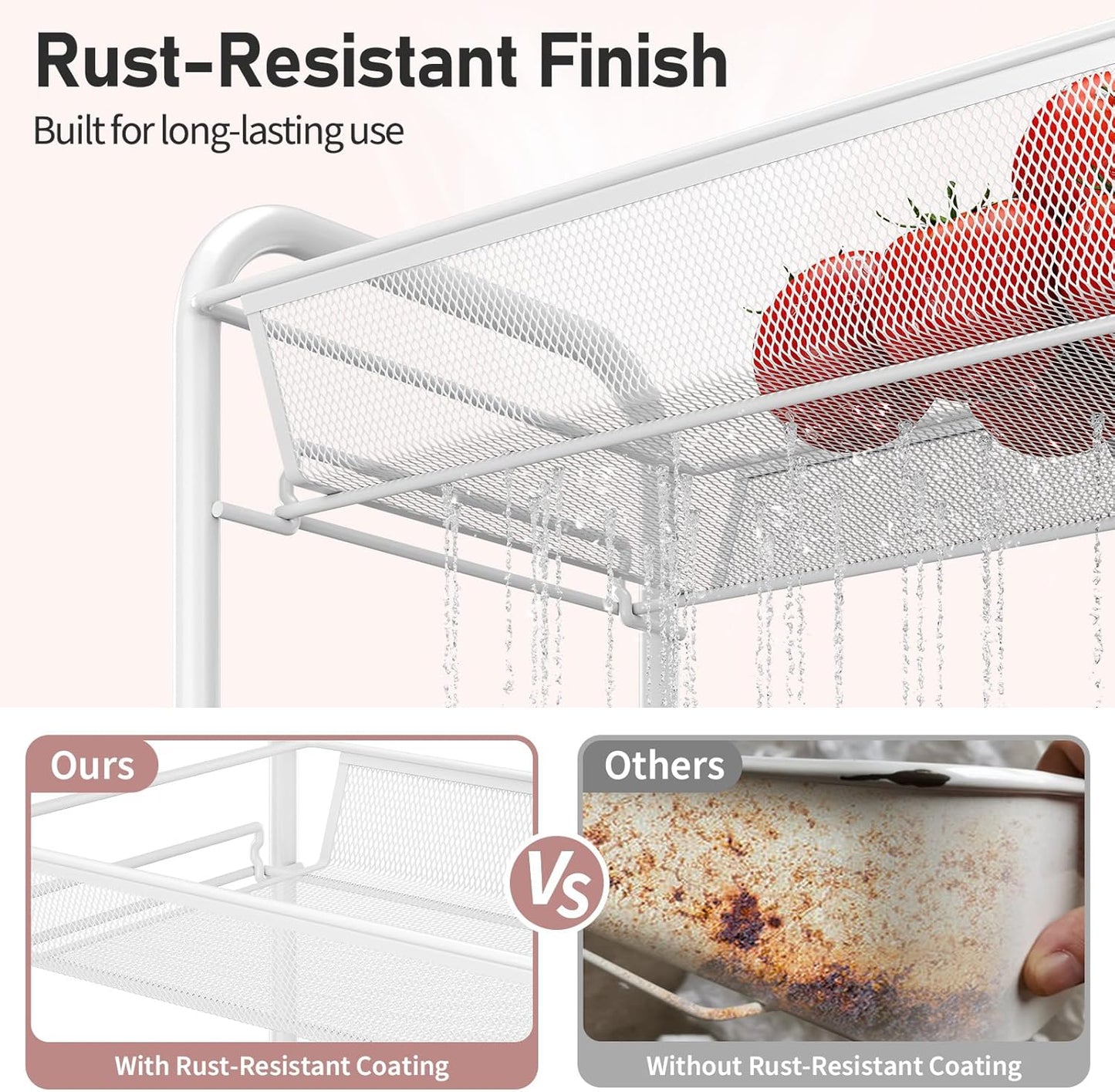 TOOLF 4-Tier Rolling Cart, Metal Utility Cart with 3 Hooks, Easy Assemble Mobile Storage Trolley On Wheels, Metal Shelving Units Kitchen Bathroom Laundry Room