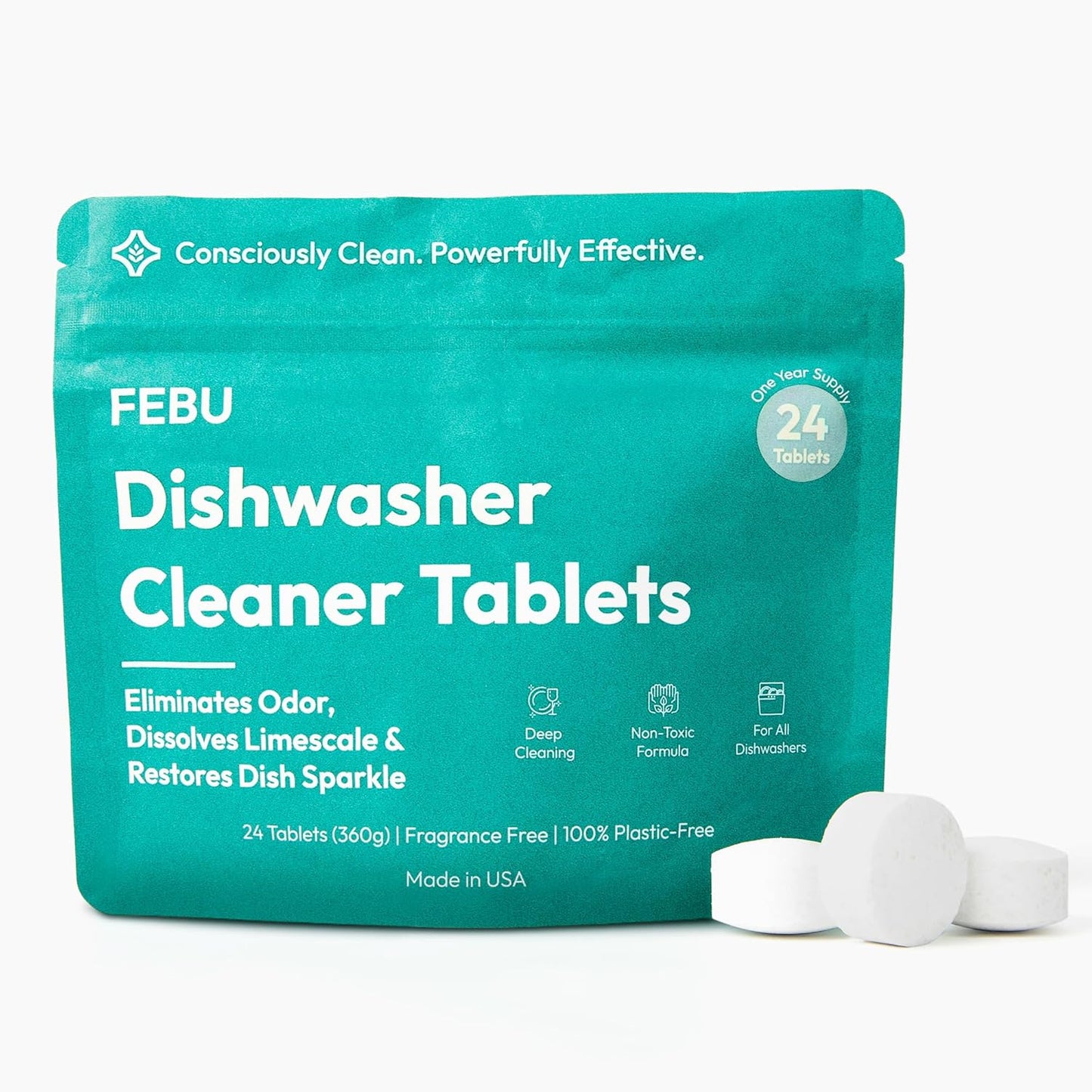 FEBU Dishwasher Cleaner Tablets Made in USA | Natural Dishwasher Cleaner and Deodorizer | Eliminates Grease & Grime | 8 Natural, Biodegradable, Plant-Based Ingredients | 24 Tablets - 12 Month Supply