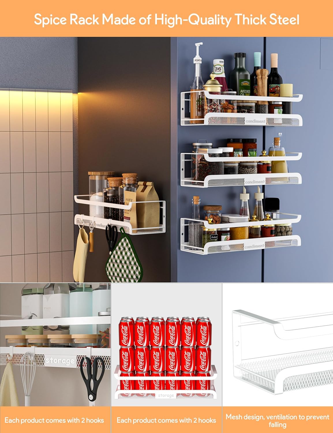 Spice Rack Wall Mount with Hooks - Spice Racks Organizer for Cabinet Storage, Wall Mounted Hanging Shelf Seasoning Organizer, for Kitchen, Pantry Door, Bathroom (White, 1 Pack)