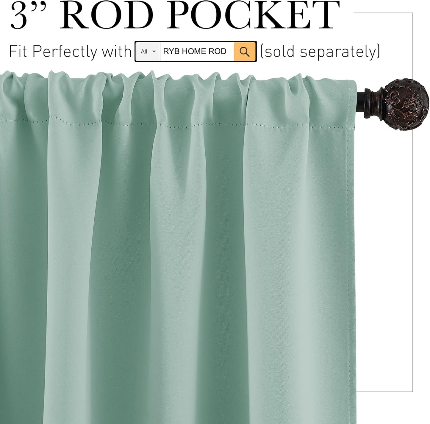 RYB HOME Rod Pocket Blackout Curtains for Living Room, Thermal Insulated Noise Reducing Window Drapes Room Darkening Shades for Bedroom Studio, 42 x 63 inch, 2 Panels Package, Aqua