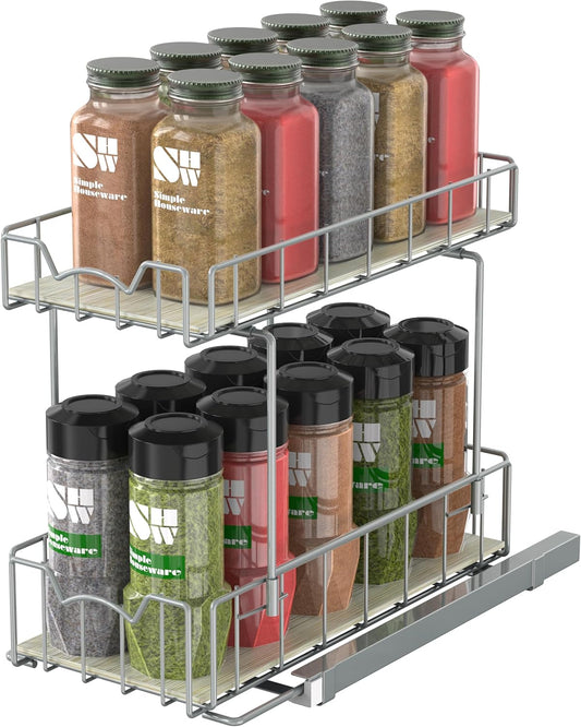 Simple Houseware 2-Tier Spice Rack Slide Out Wire Basket Drawer Organizer, Silver