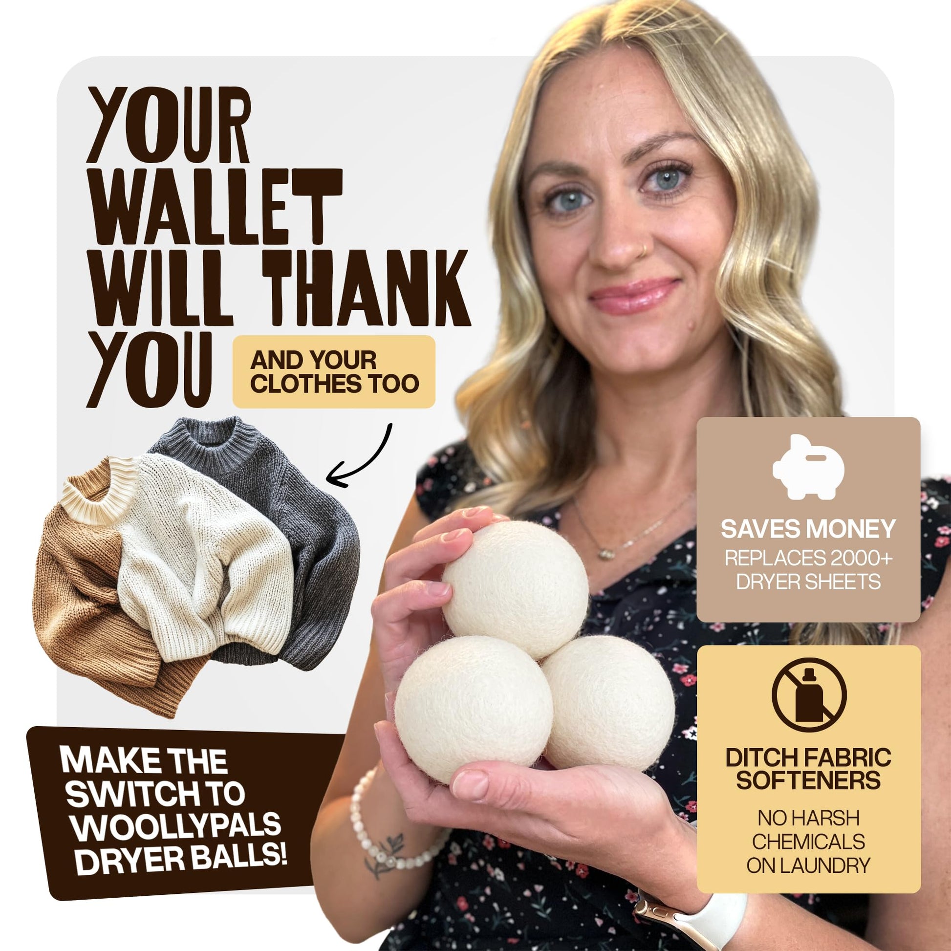 WoollyPals Dryer Balls (6-Pack, XL Size) - 100% New Zealand Wool - No More Dryer Sheets - Eco Dryer