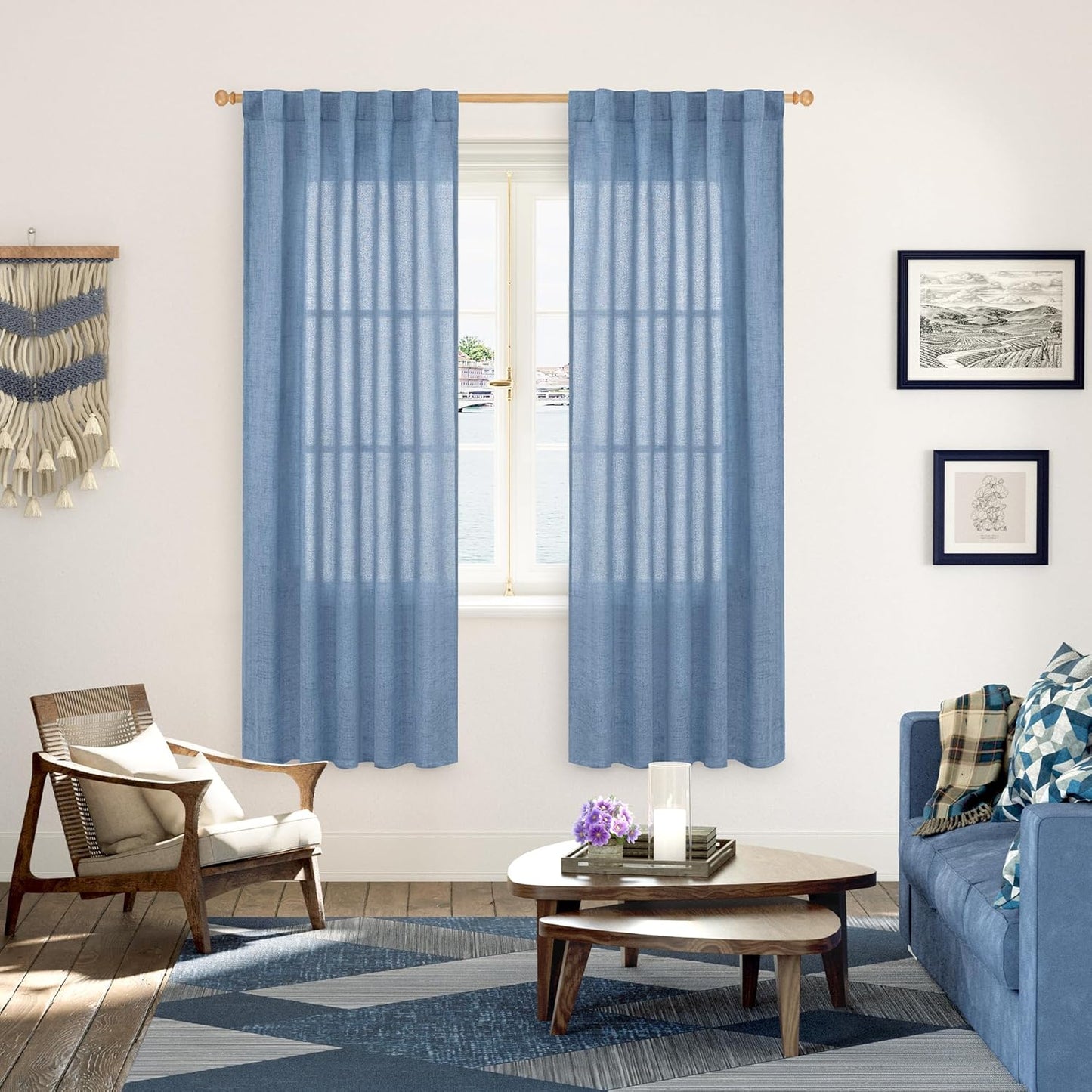 YoungsTex Denim Blue Curtains 72 Inches Long for Living Room Window, Linen Semi Sheer Drapes Light Filtering with Back Tab Rod Pocket Privacy Lightweight for Bedroom Office, 2 Panels, 42 x 72 Inch