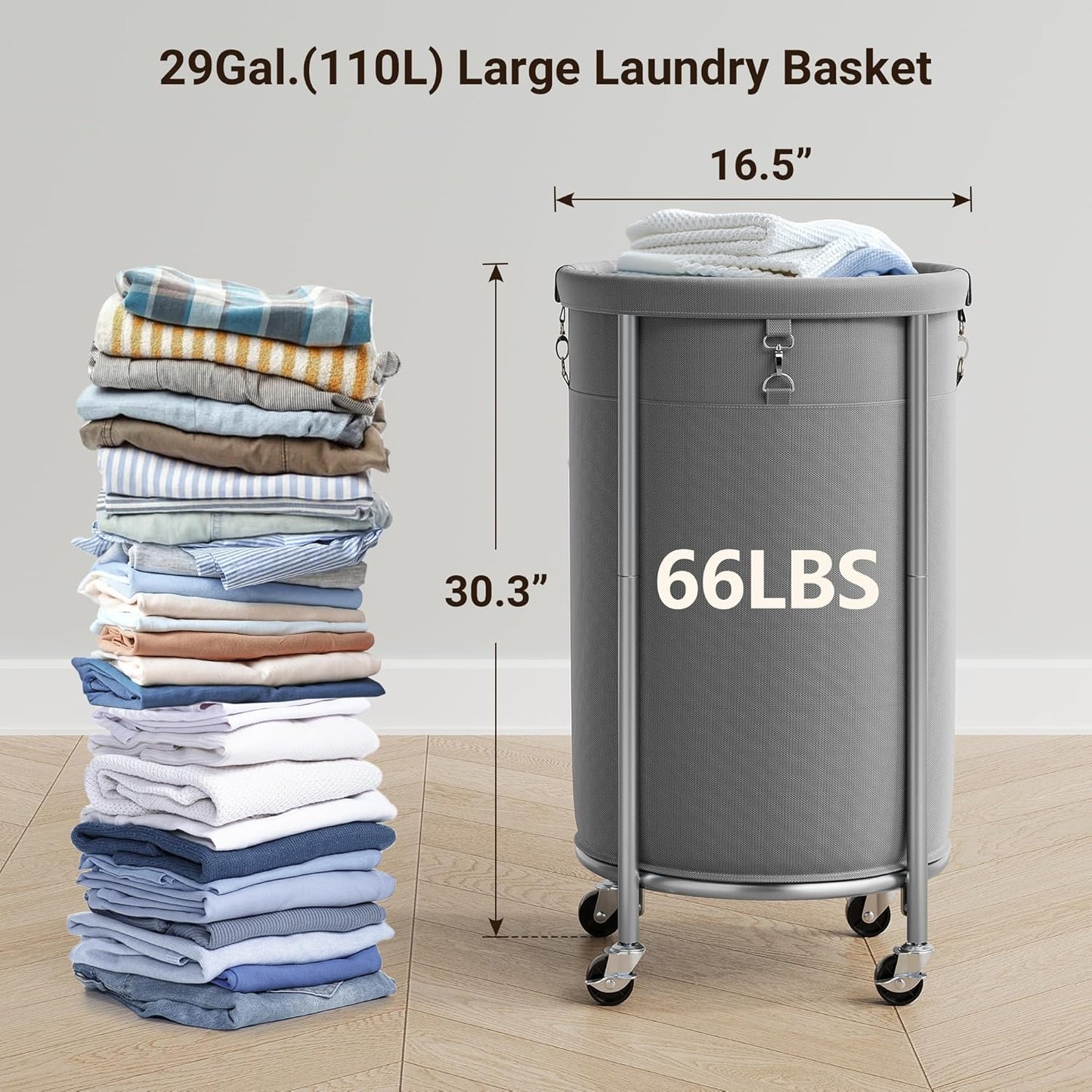 ELYKEN Laundry Hamper with Wheels, 110L Rolling Laundry Basket, Round Laundry Cart with Steel Frame and Removable Bag, 4 Casters and 2 Brakes, Dirty Clothes Hamper for Hotel, Home, Closet, Dorm, Gray