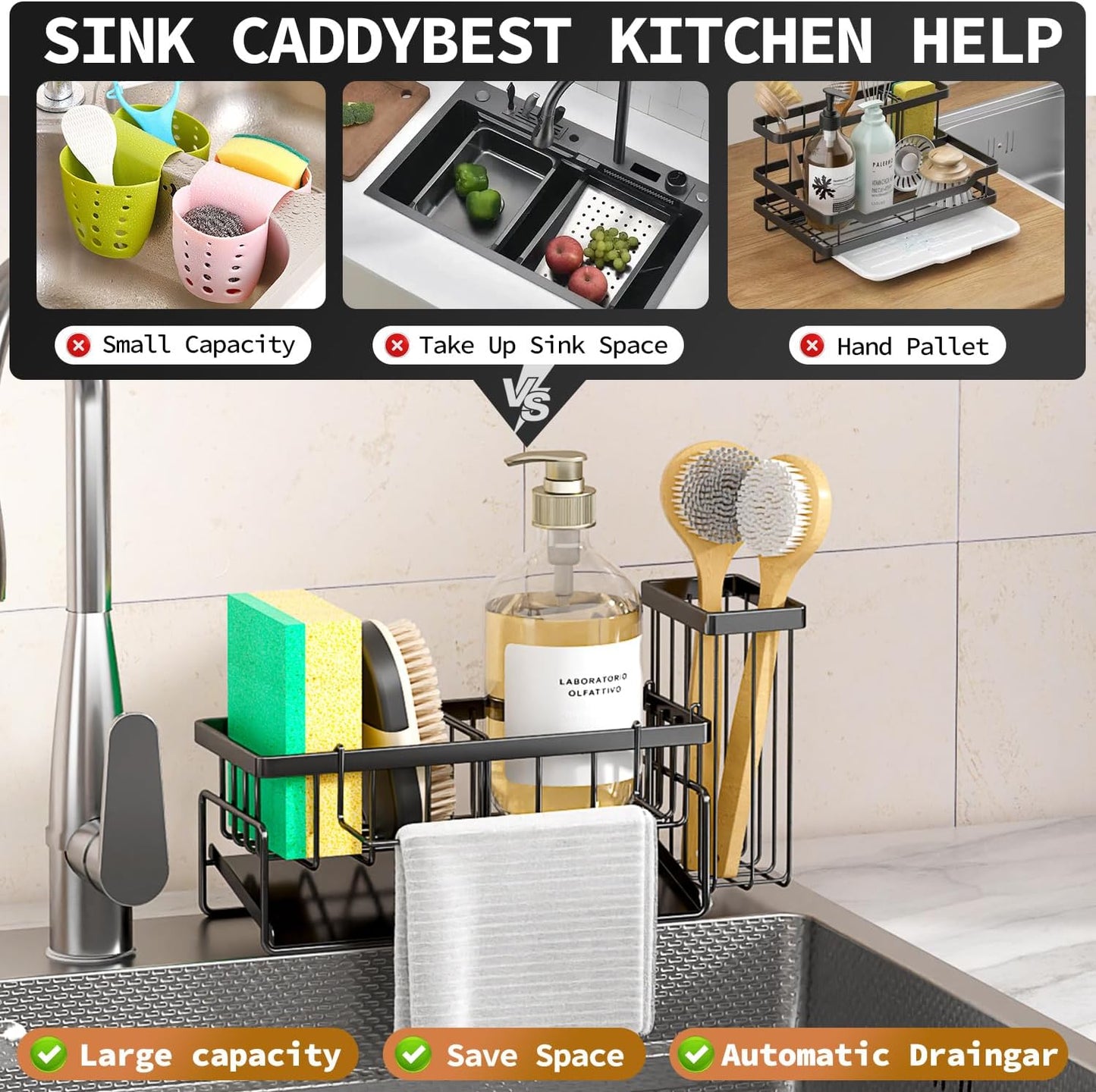 Sponge Holder & Sink Caddy Organizer - Rustproof Kitchen Sink Organizer with High Brush Holder - Kitchen Essentials Countertop Storage Organization (Carbon Black)