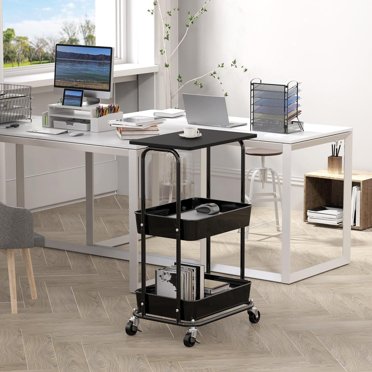 Simple Houseware 2-Tier Rolling Utility Cart with Lockable Wheels and Wood Top, Metal Storage Organizer Trolley for Kitchen, Bathroom, Office, Craft Room, Black