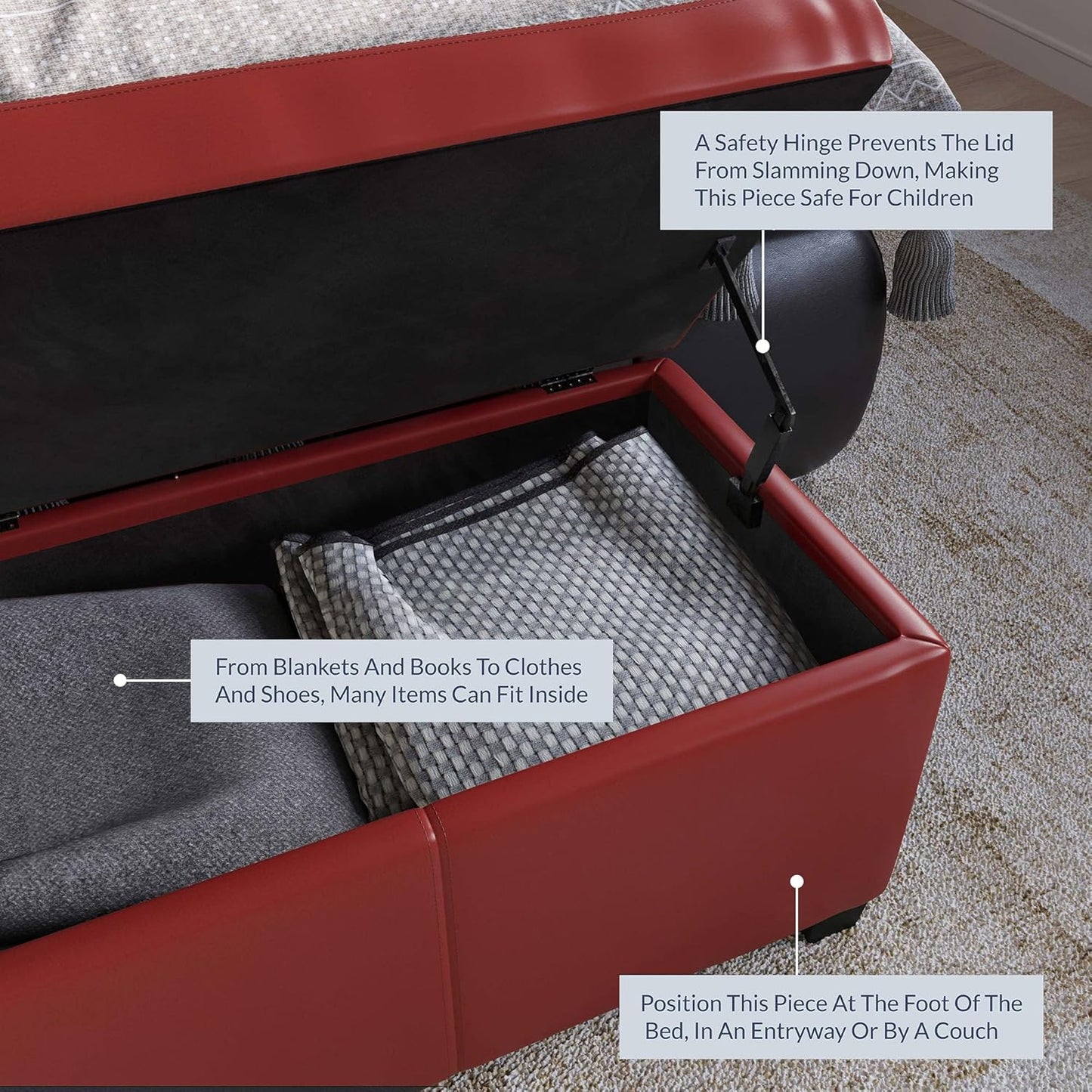 BELLEZE Storage Faux Leather Ottoman, 47 Inch Bench Bedroom Bench with Safety Close Hinge, Extra Long Ottoman with Storage for Living Room, Entryway, Hallway, Foot Rest, Support 300lbs - Red