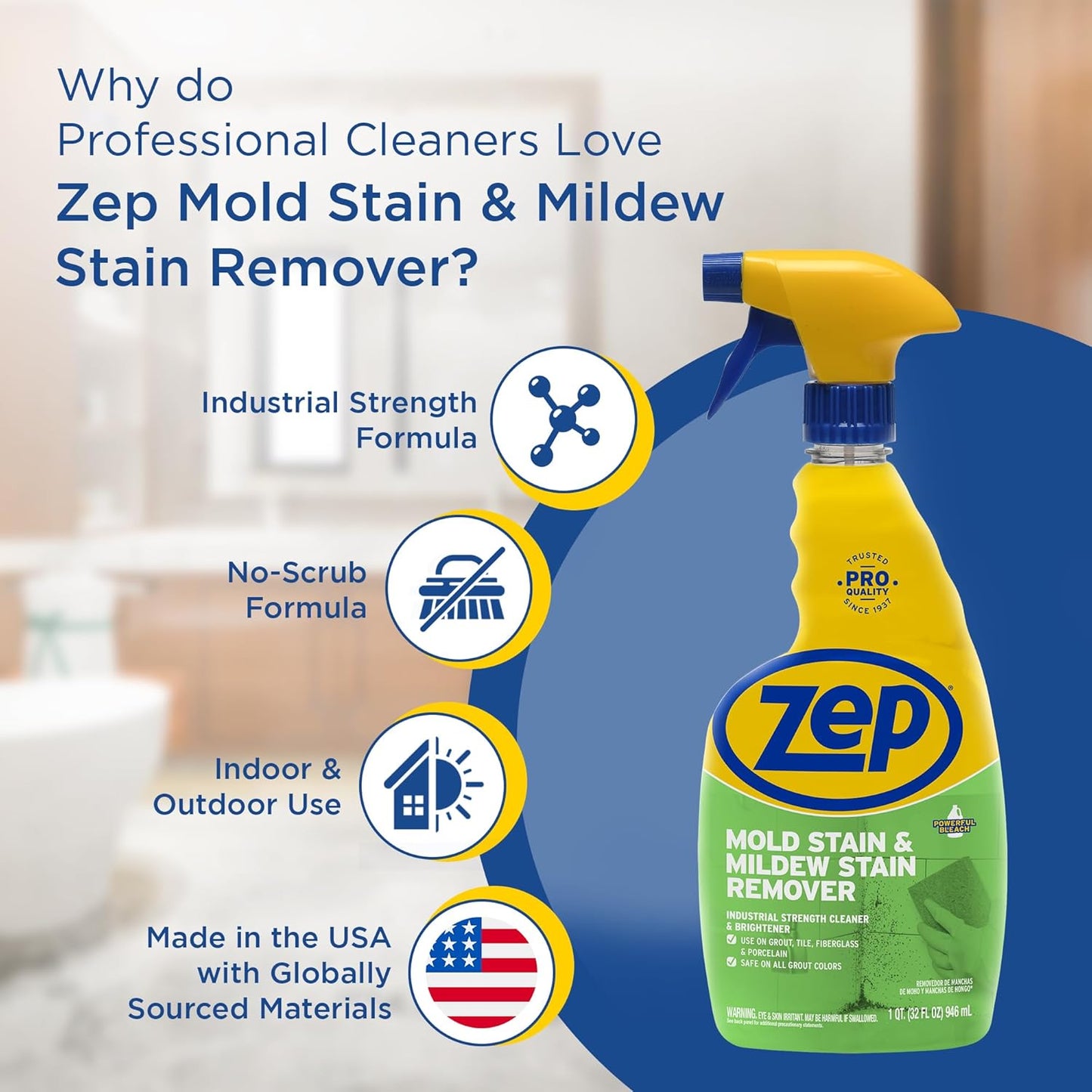 Zep Mold Stain and Mildew Stain Remover - 32 oz (Pack of 4) ZUMILDEW32 - Professional Strength No Scrub Formula