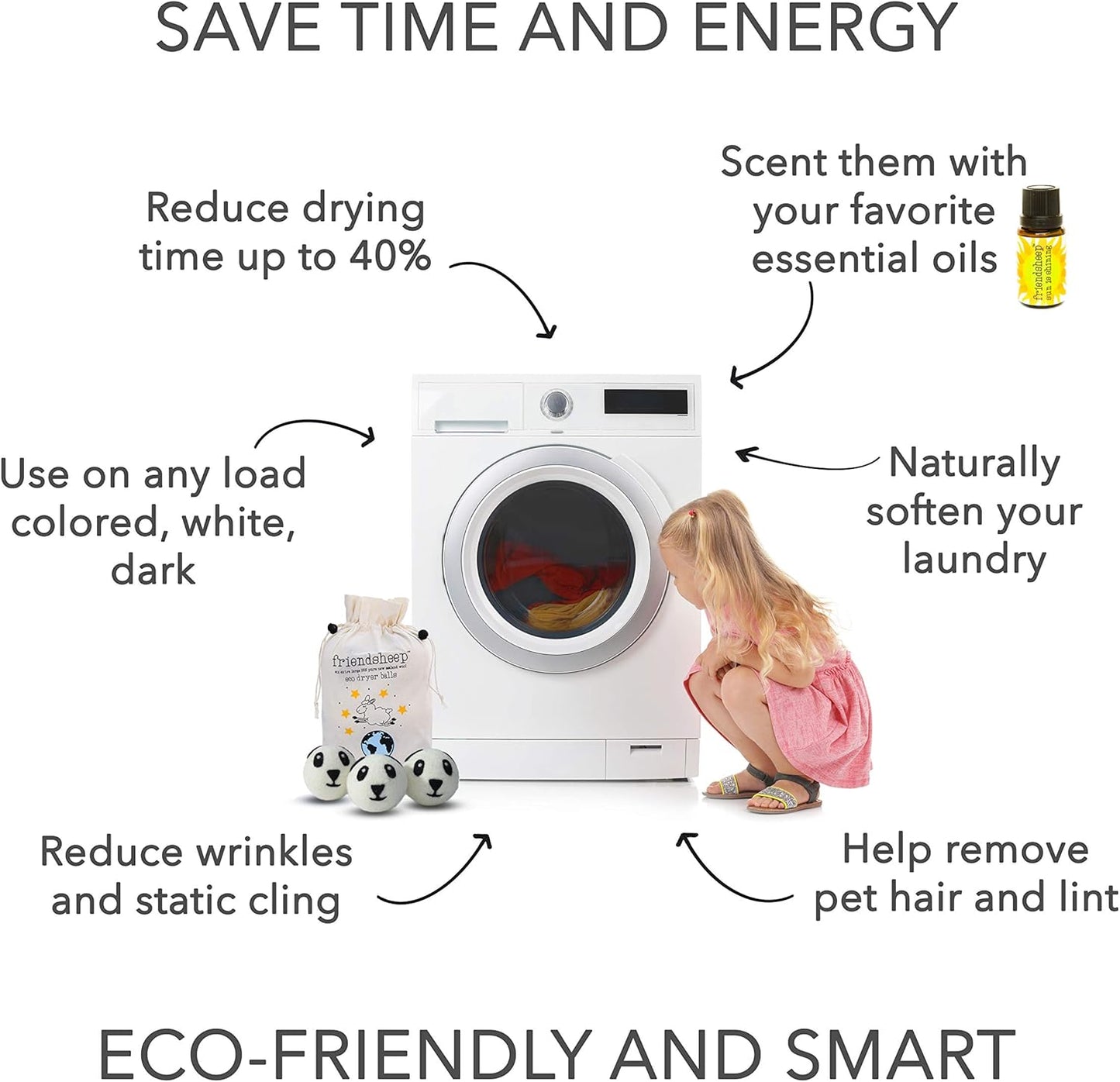 Friendsheep Wool Dryer Balls 6 Pack XL Organic Premium Reusable Cruelty Free Handmade Fair Trade No Lint Fabric Softener - Panda Pack