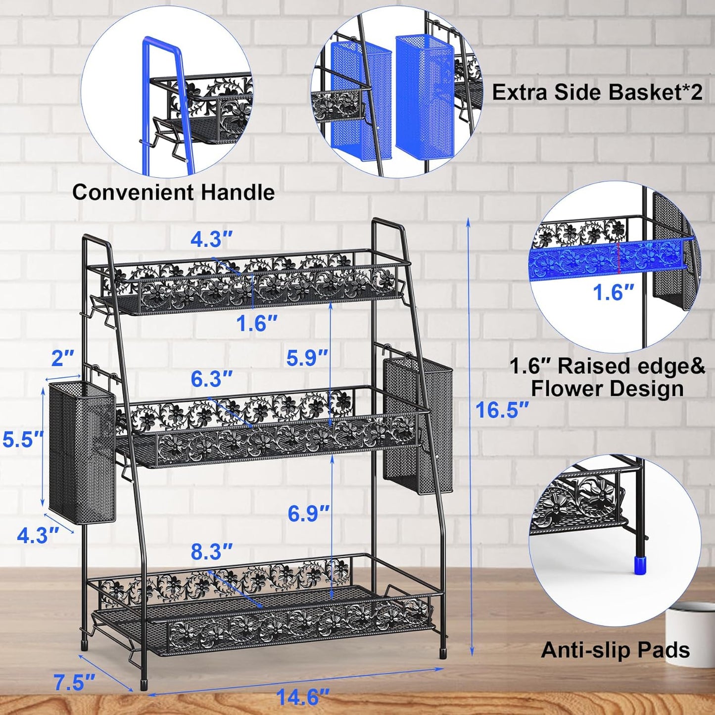 3-Tier Large Size Storage Rack,Counter Organiztion for Bathroom Countertop Organizer Shelf for Spice Racks for Kitchen/Sink/Bedroom/Living room/Office/Plant Rack with Two Metal Baskets