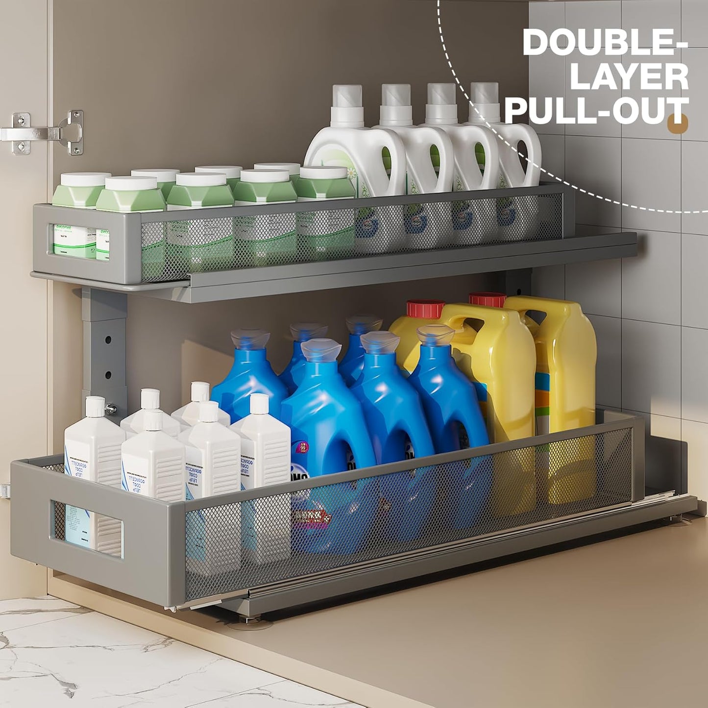 2 Pack 21.3IN-Depth Under Sink Organizer with Next-Gen Ball-Bearing Slides,2-Tier Pull Out Cabinet Storage,Height Adjustable Drawer Shelf for Bathroom,Kitchen,Laundry,Cabinet,Pantry-Gun Gray