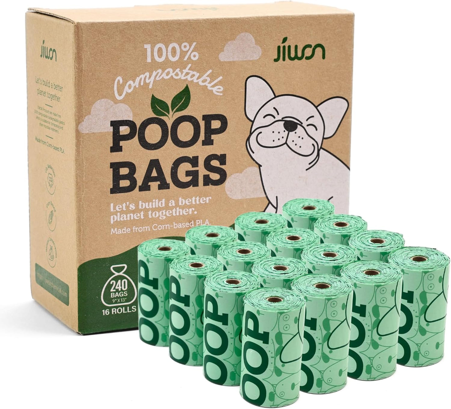 JIWON 100% Certified Home Compostable Dog Poop Bags, 240 Count (16 Rolls), 9"x13", OK Compost & Seedling, Thick & Leakproof, Plant Based Compostable Waste Bags, Unscented