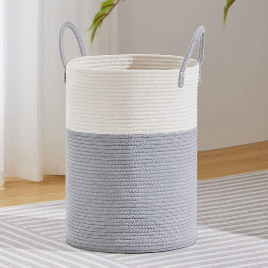 VIPOSCO Large Laundry Hamper, Tall Woven Rope Storage Basket for Blanket, Toys, Dirty Clothes in Living Room, Bathroom, Bedroom - 72L Grey & White