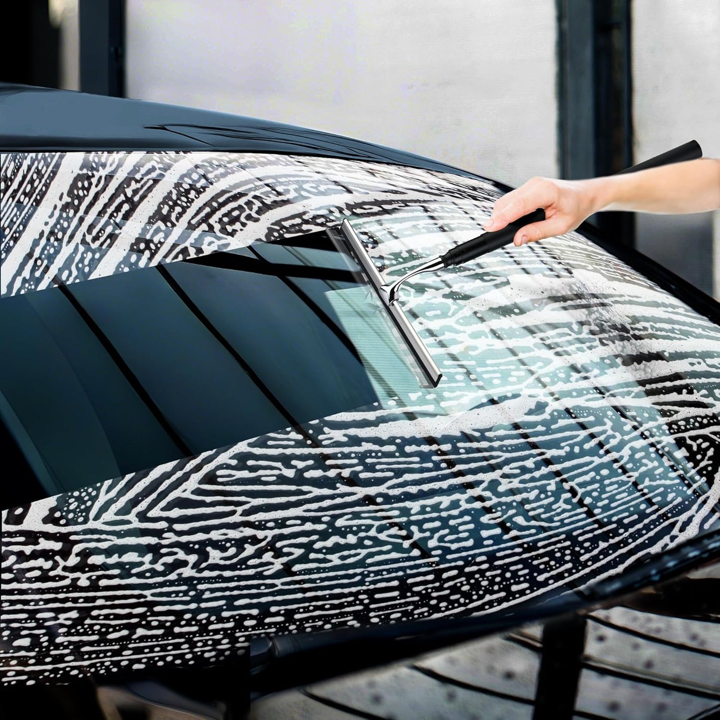 Window Squeegee for Home, 2 in 1 Window Washing kit with Extension Pole Long Handle Squeegee for Shower Glass Floor Tile Wall Car Windshield, 12 inch Wide, Black