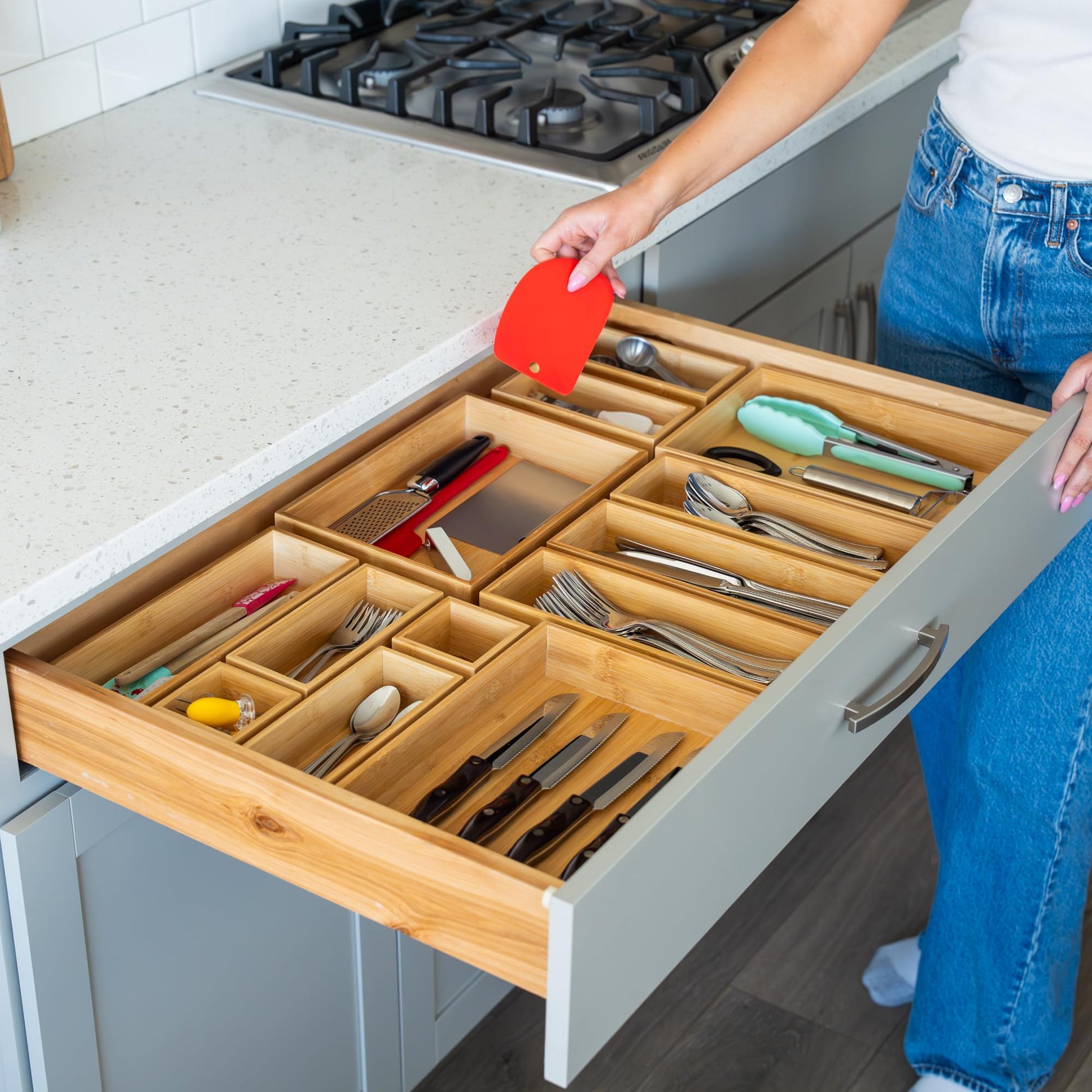 Grow Forward Bamboo Drawer Organizer Boxes - Set of 14 Wooden Drawer Organizers for Kitchen