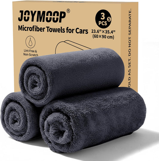 JOYMOOP Microfiber Towels for Cars, 3 Pack 35.4" x 23.6" Car Drying Towel, Dark Gray Reusable Car