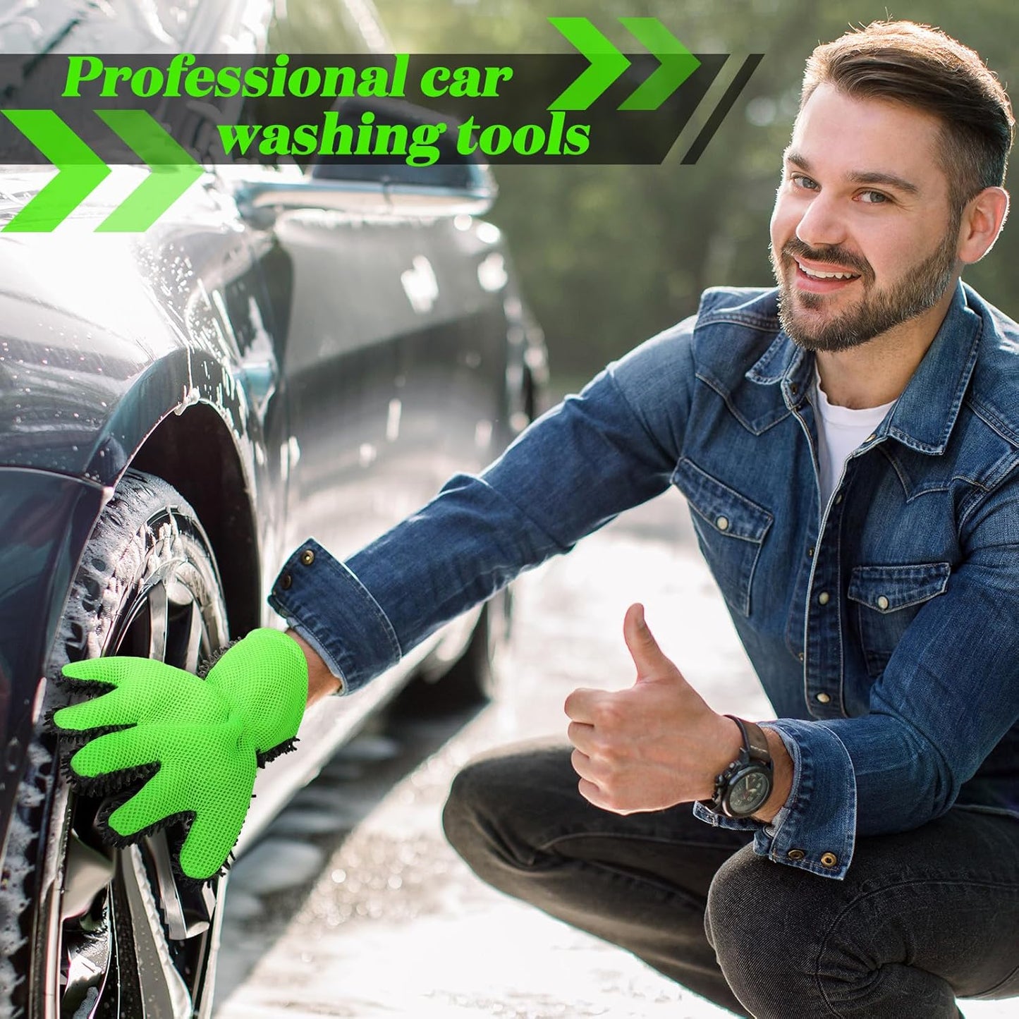 2 Packs Car Wash Mitt 5 Finger Microfiber Wash Mitts Car Dusting Gloves Double Sided Microfiber Cleaning Gloves Interior Exterior Auto Dusting Mitt for Car Detailing Without Scratch (Black and Black)