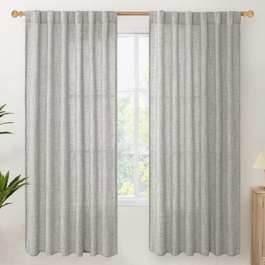 YoungsTex Dark Grey Linen Semi Sheer Curtains 2 Panels for Living Room, Light Filtering Window Treatments Textured Privacy with Back Tab Rod Pocket for Bedroom, 52 X 72 Inch