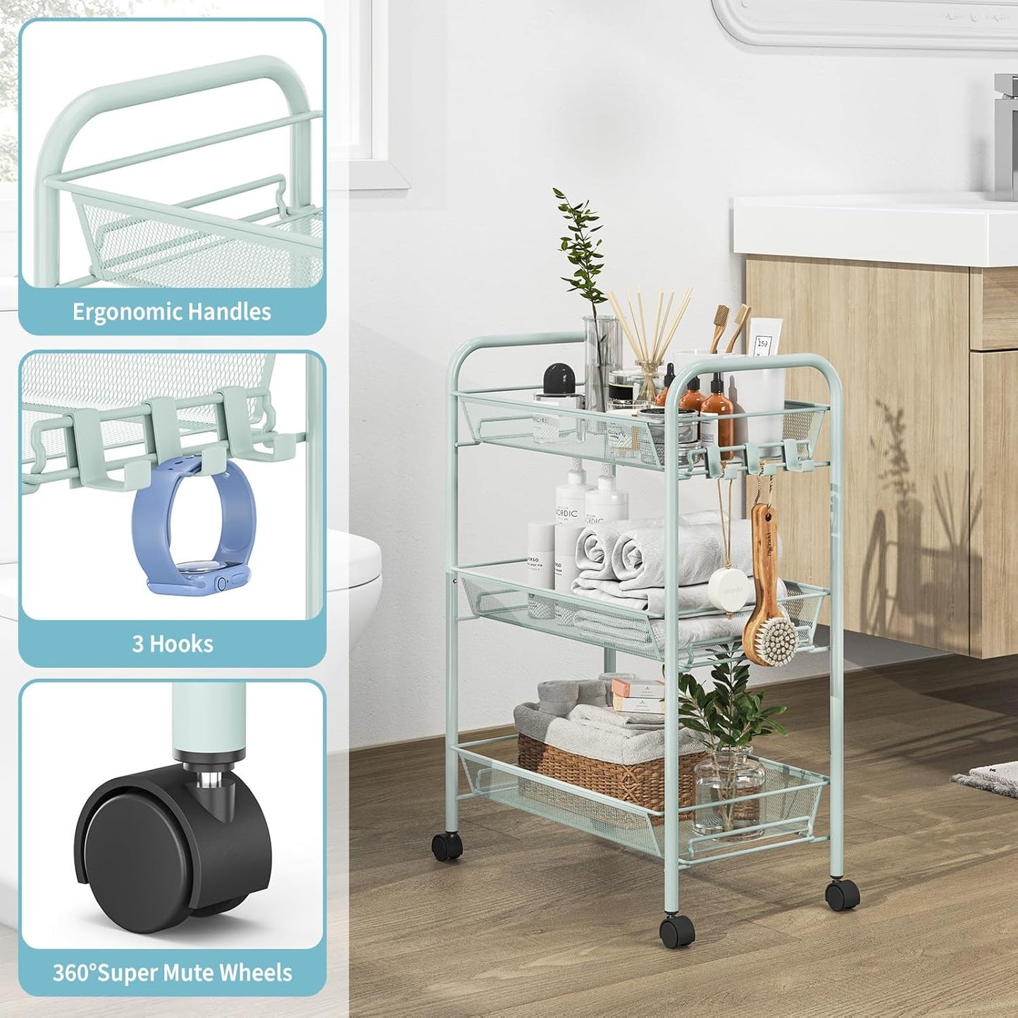 TOOLF 3-Tier Metal Rolling Cart, Mesh Wire Easy Assemble Utility Cart, Storage Trolley on Wheels with 3 Hooks, MetalStorage Shelving Units for Kitchen Bathroom Laundry Room