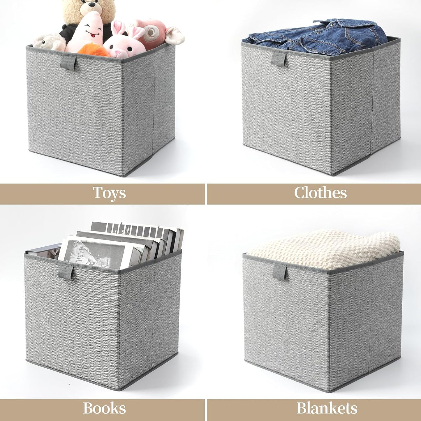 Storage Baskets, 11.8-Inch Woven Fabric Bins, Storage Cubes with Reinforced Handles, Organizer Bins for Closet Shelves, Foldable, for Toys, Clothes, Natural Beige (2PCS/Grey-11.8*11.8*11.8inch)