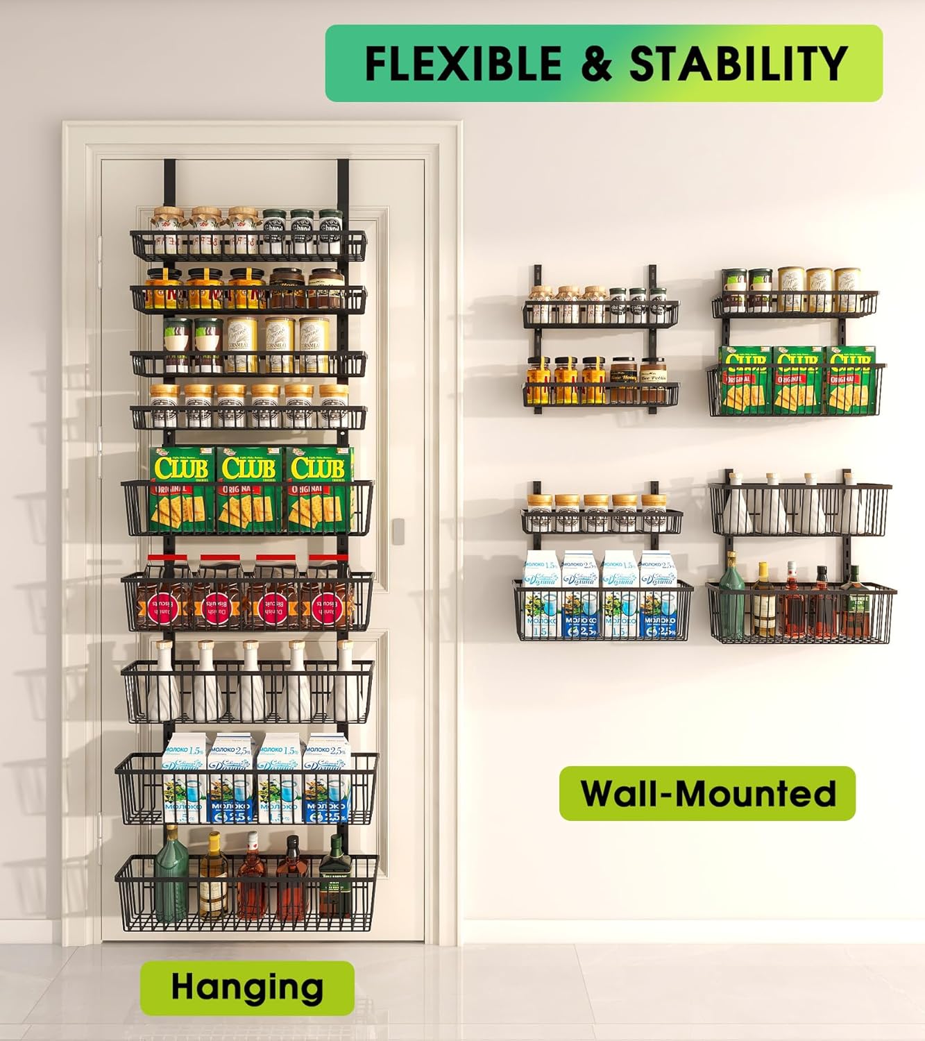 9-Tier Over The Door Pantry Organizer, Pantry Storage and Organization, Black Metal Hanging Spice Rack Seasoning Shelves Door, Wall Mount for Home & Kitchen, Laundry Room Bathroom Organization