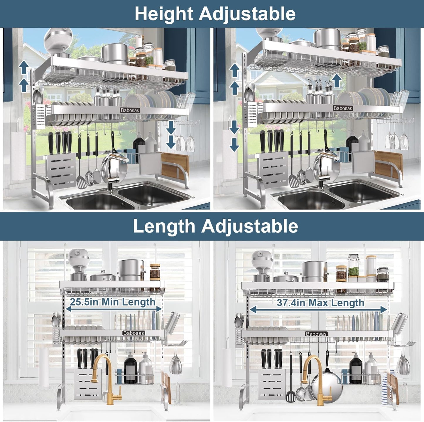 Over The Sink Dish Drying Rack,3 Tier Adjustable Length (25.5'' to 37.4'') Full Stainless Steel Large Storage Kitchen Dish Rack,For Kitchen Counter Expandable Multifunctional Organizers,Silver