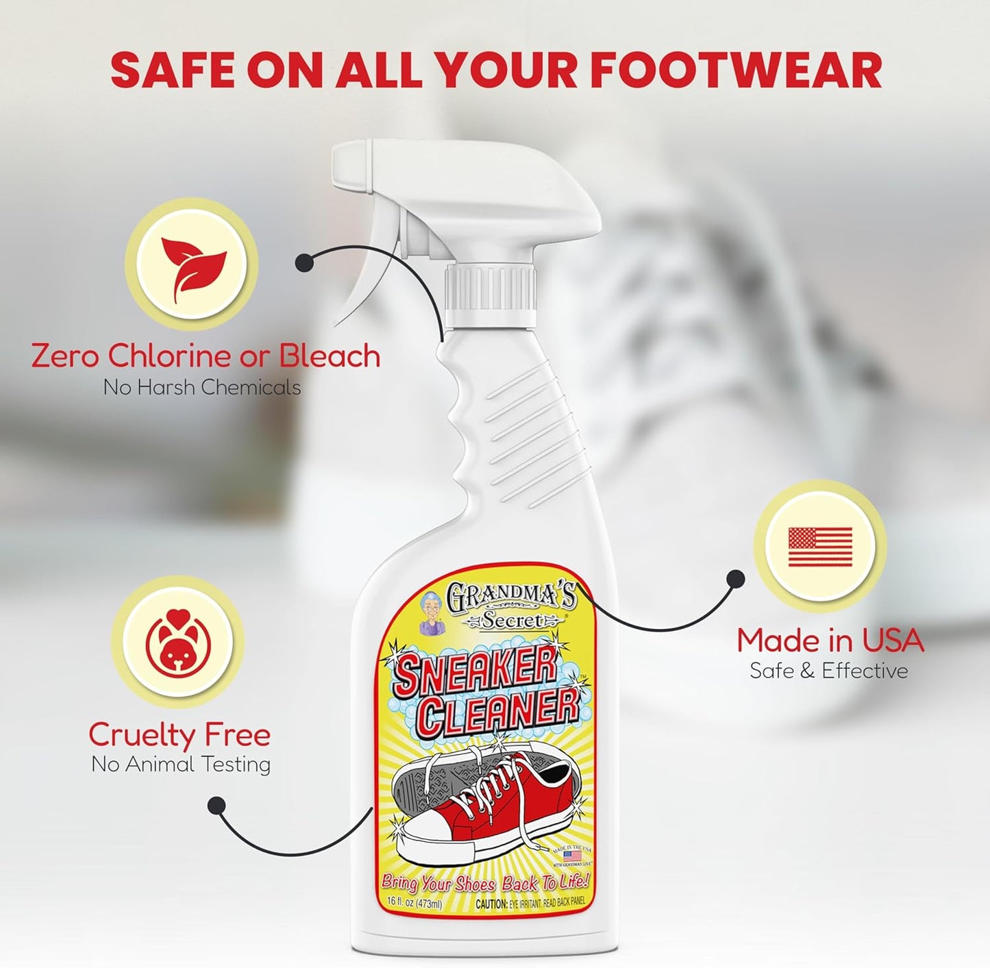 Grandma's Secret Sneaker Cleaner - Shoe Cleaner for Rubber, Canvas and Leather - Stain Remover Spray Removes Dirt, Grime and Grass - Sneakers Cleaner for Outdoor Shoes, Slippers and Moccasins ??16 oz